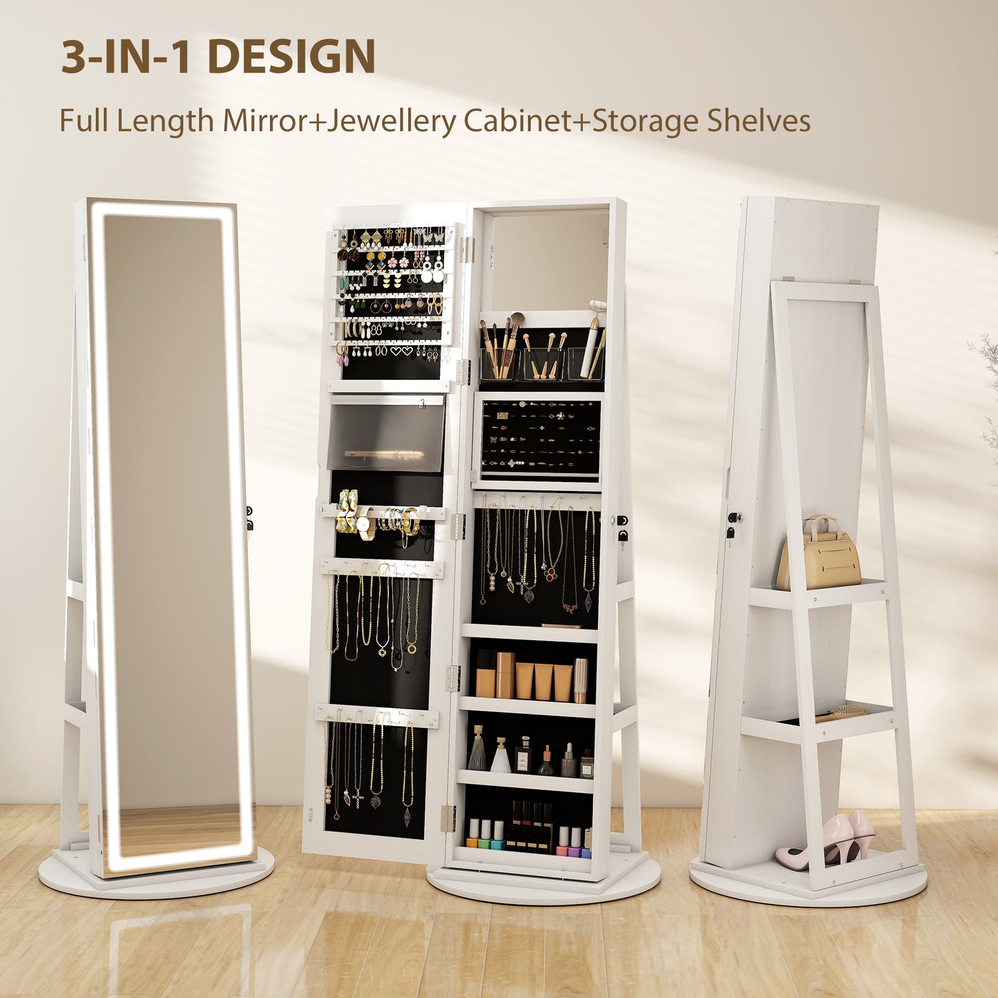 HOMCOM Jewellery Cabinet With Mirror And Lights White Finish 78 Ring Slots 108 Earring Slots 36 Necklace Hooks