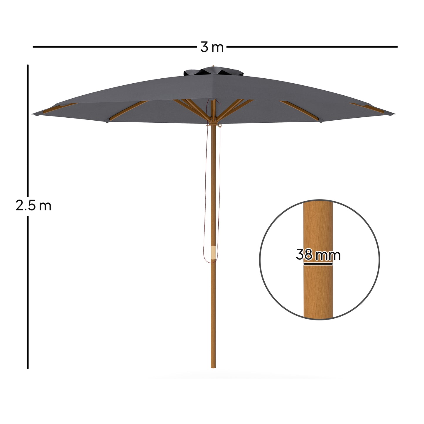 Outsunny 3m Wood Pole Parasol Umbrella Grey With Vented Canopy And Rope Pull Mechanism