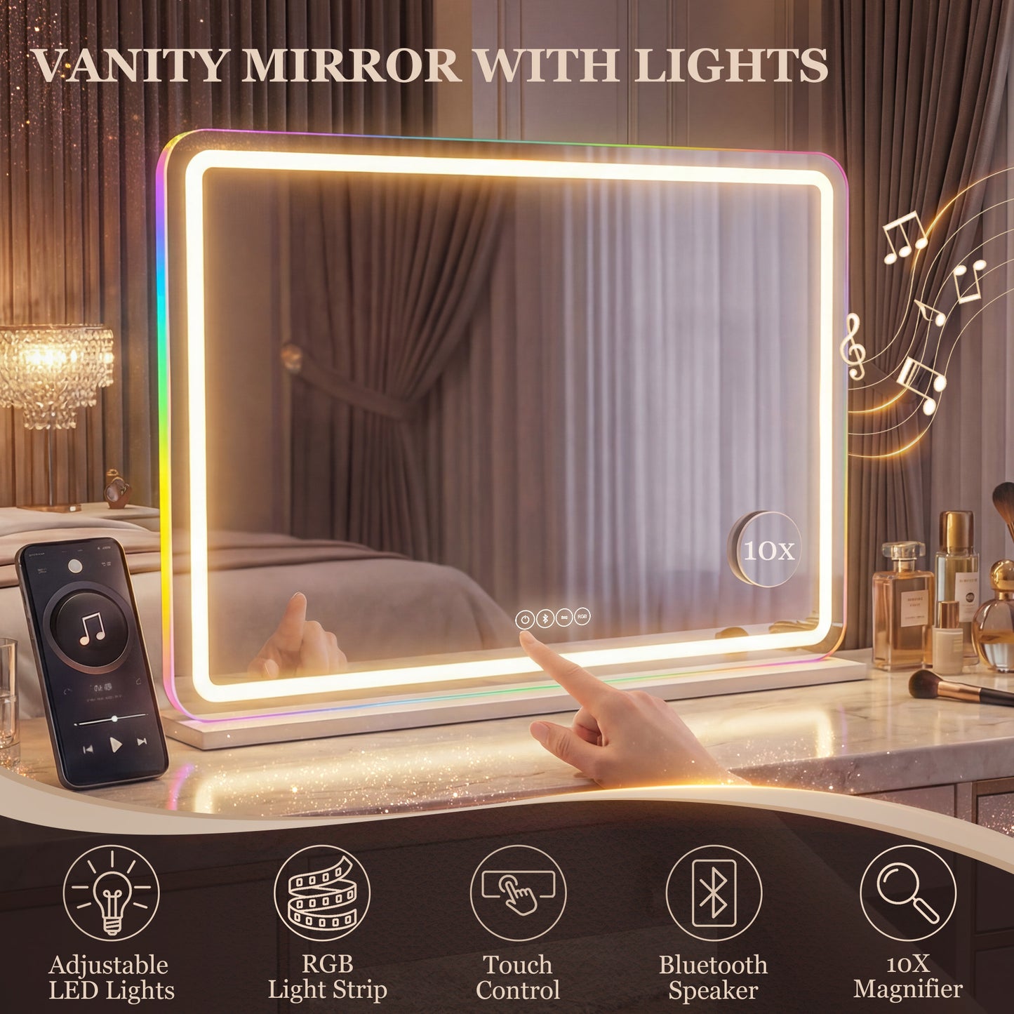 HOMCOM Vanity Mirror With Lights Dimmable Makeup Mirror Adjustable Color Temperature RGB LED Light Bluetooth Speaker White