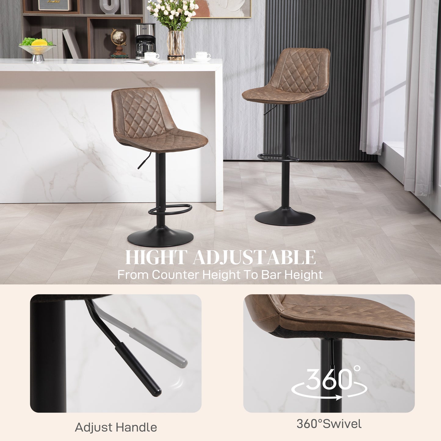 HOMCOM Bar Stools Set Of 2 Adjustable Swivel Bar Chairs With Back PU Leather Upholstery Footrest And Steel Base Brown