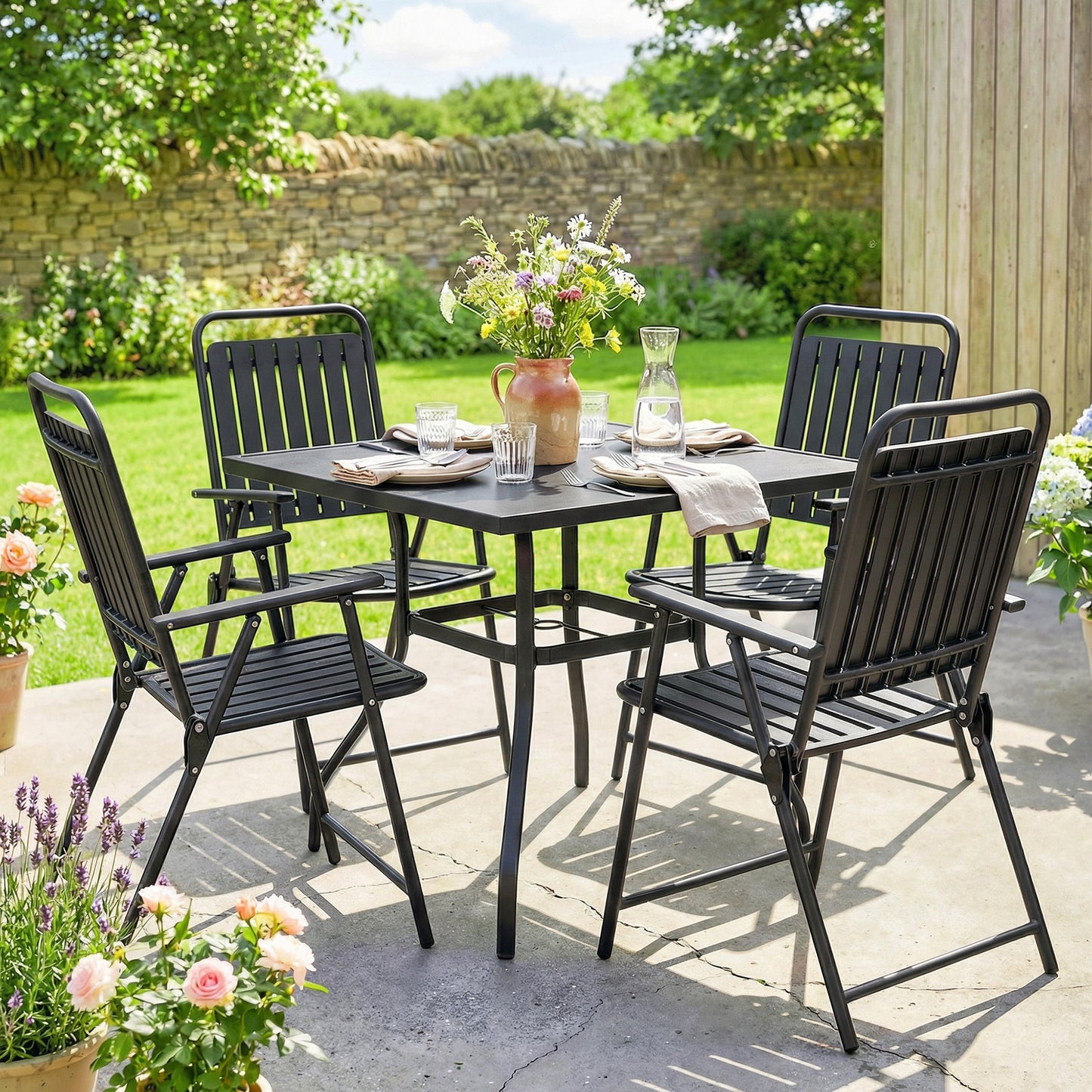 Outsunny Folding Garden Chairs Set Of 4 With Steel Frame Black Plastic Slatted Seats And Armrests For Outdoor Dining