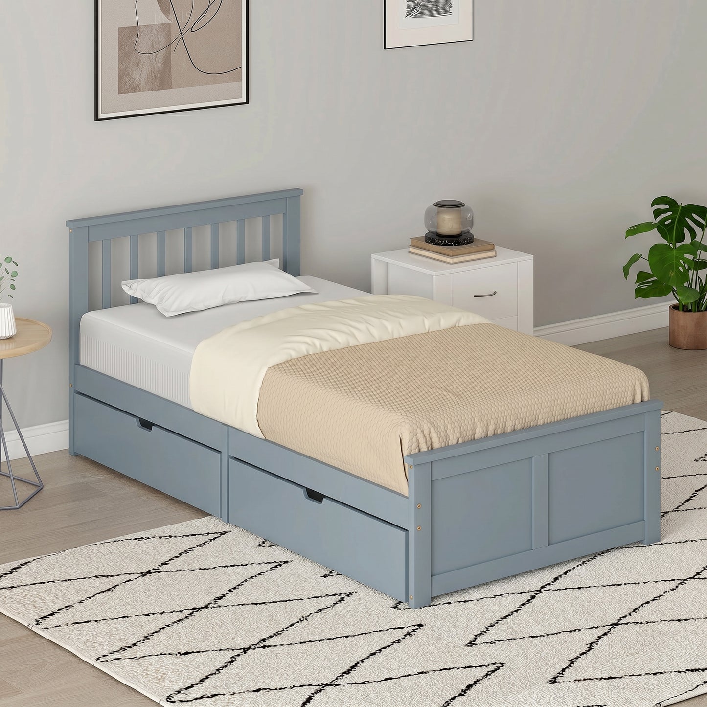 HOMCOM Pine Storage Bed 3ft Single Solid Wooden Bed Frame With Drawers Headboard Wood Slat Support Grey