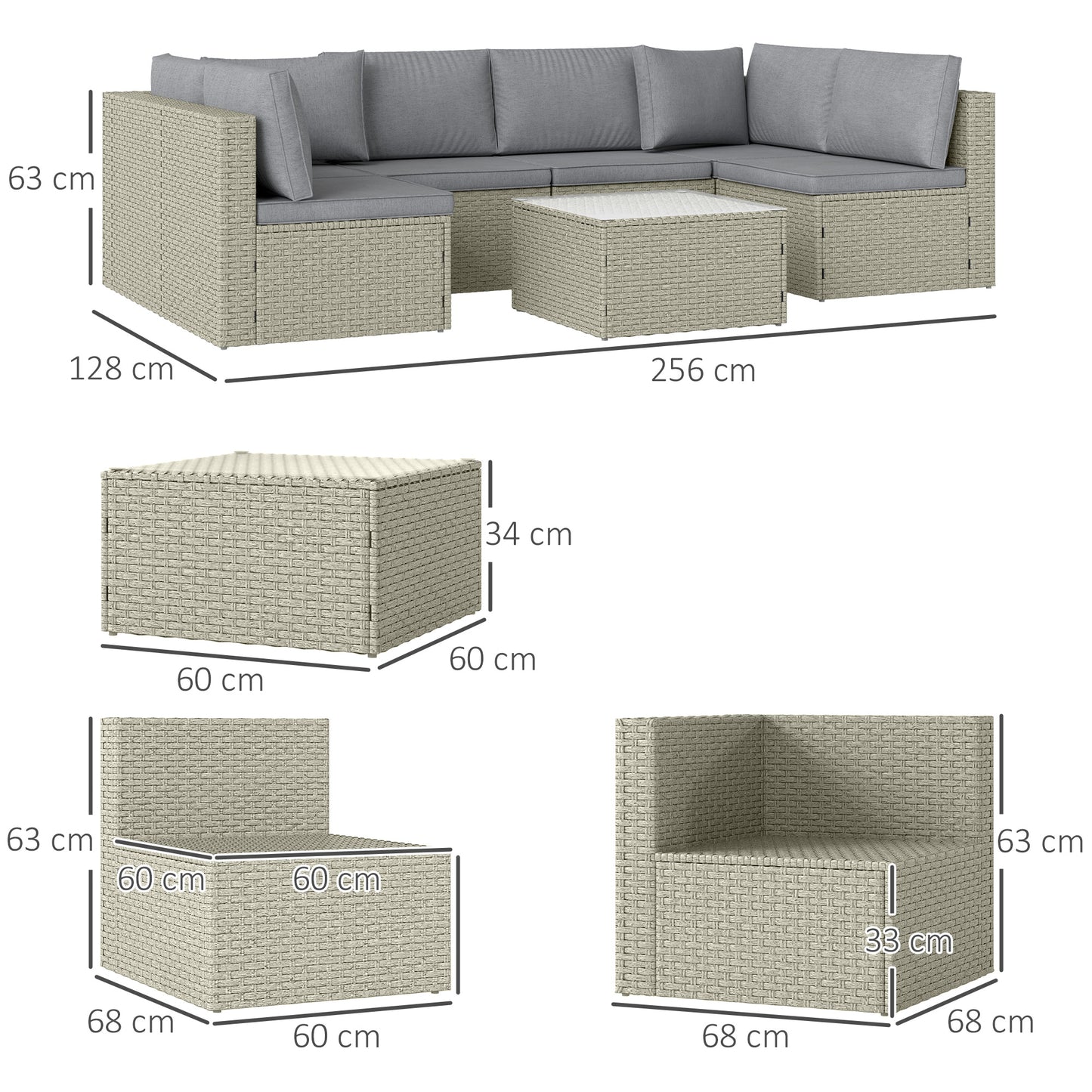 Outsunny Seven Piece Modular Rattan Garden Set With Table And Chairs Light Brown For Outdoor Patio