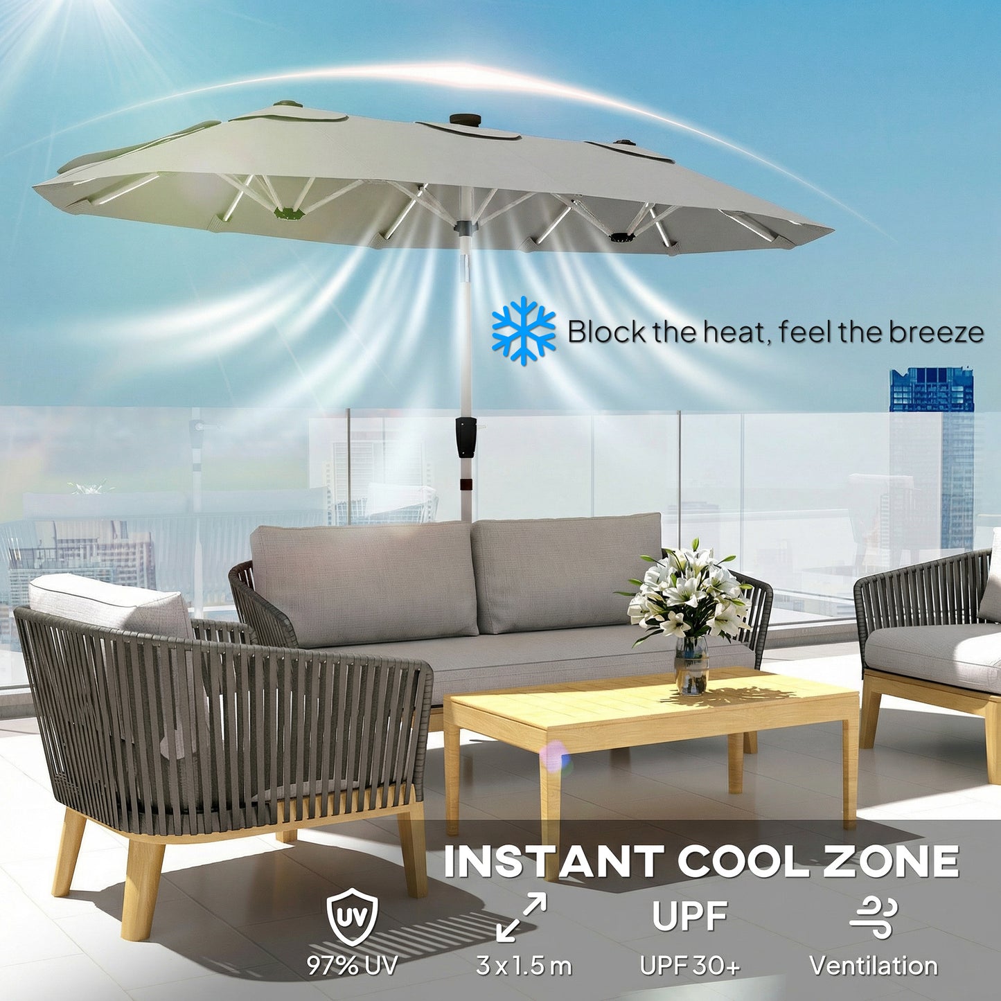 Outsunny 3m Double Sided Garden Parasol With LED Solar Lights Outdoor Extra Large Crank Handle Grey