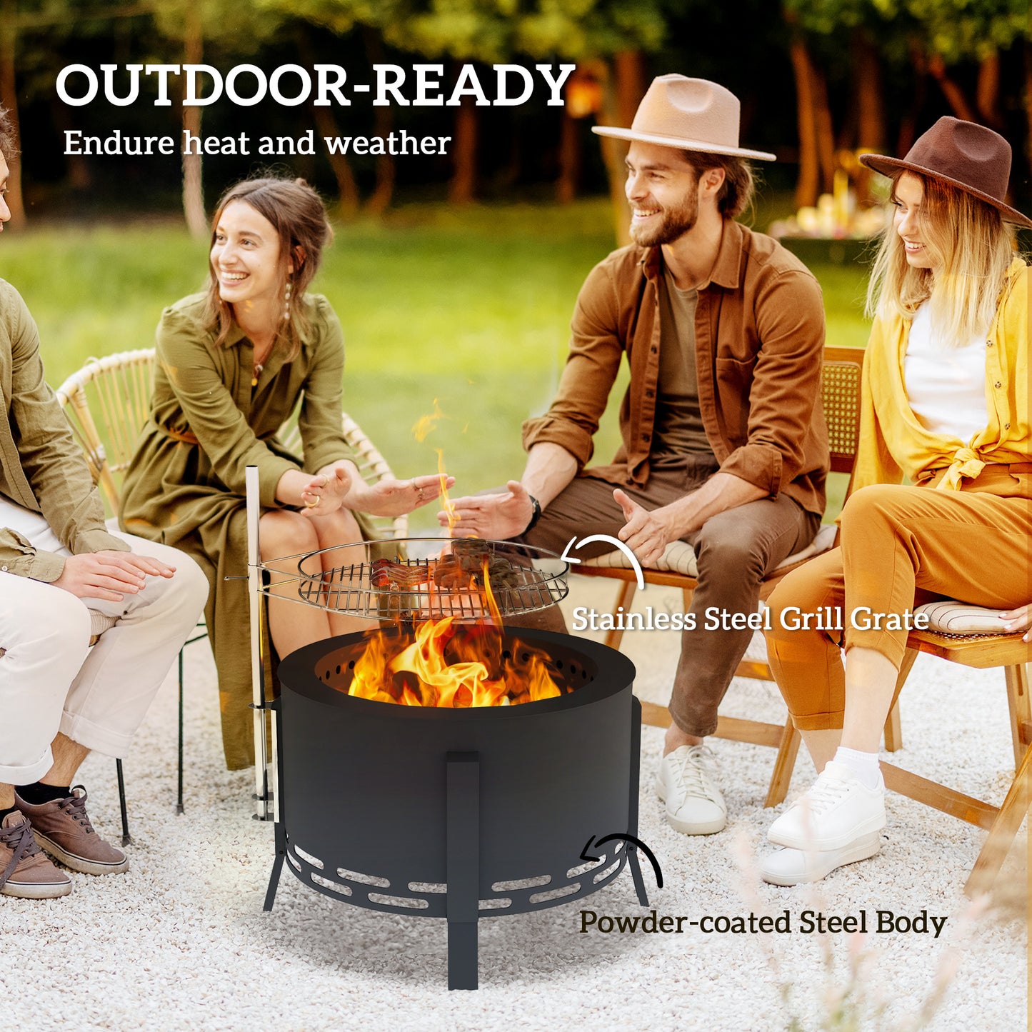 Outsunny Portable Fire Pit 58 cm Round With Grill Grate Ash Catcher And Poker For Garden Camping Bonfire BBQ Black