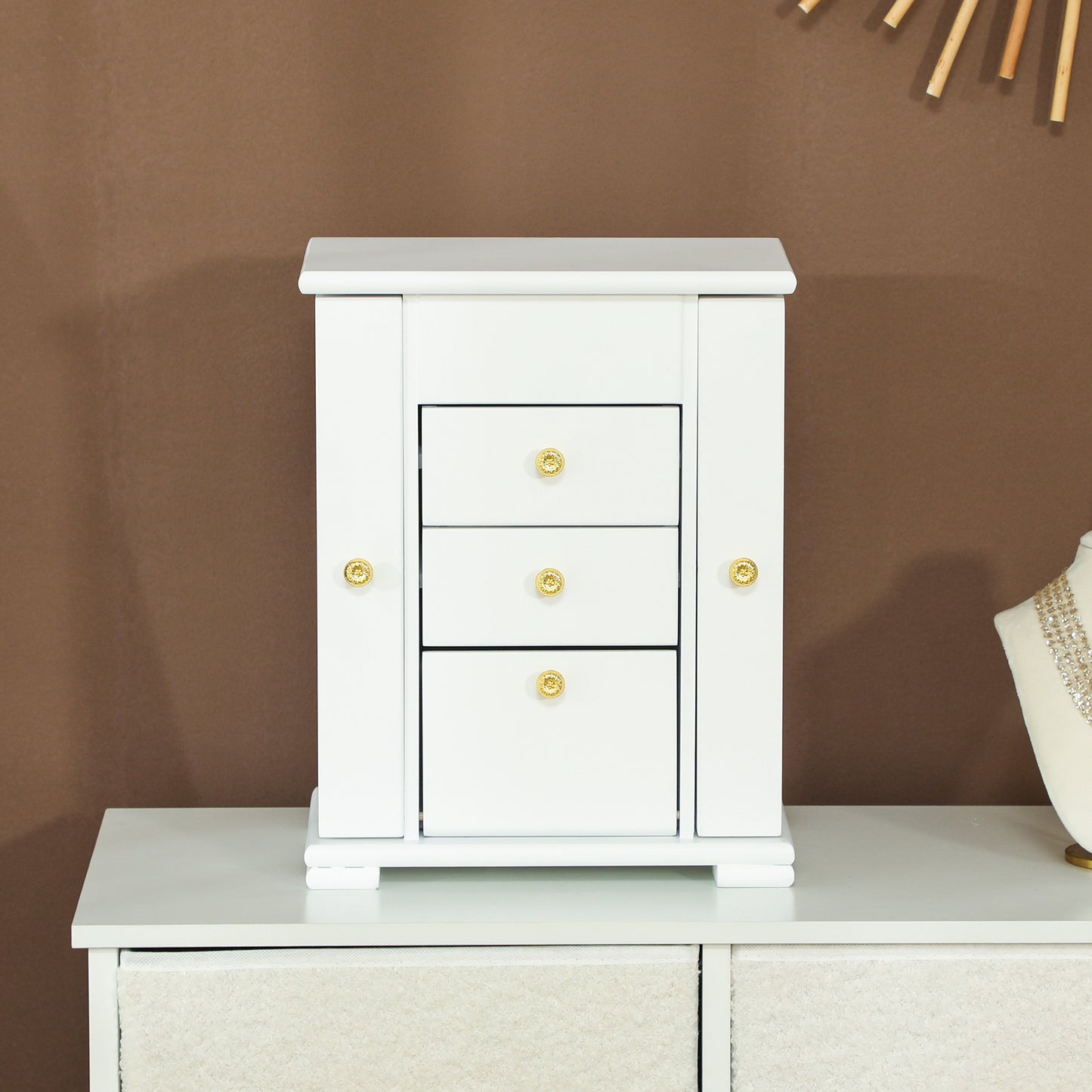 HOMCOM 4 Tier Jewellery Box With Mirror And 2 Drawers White For Ring Earrings Necklace Storage Organiser