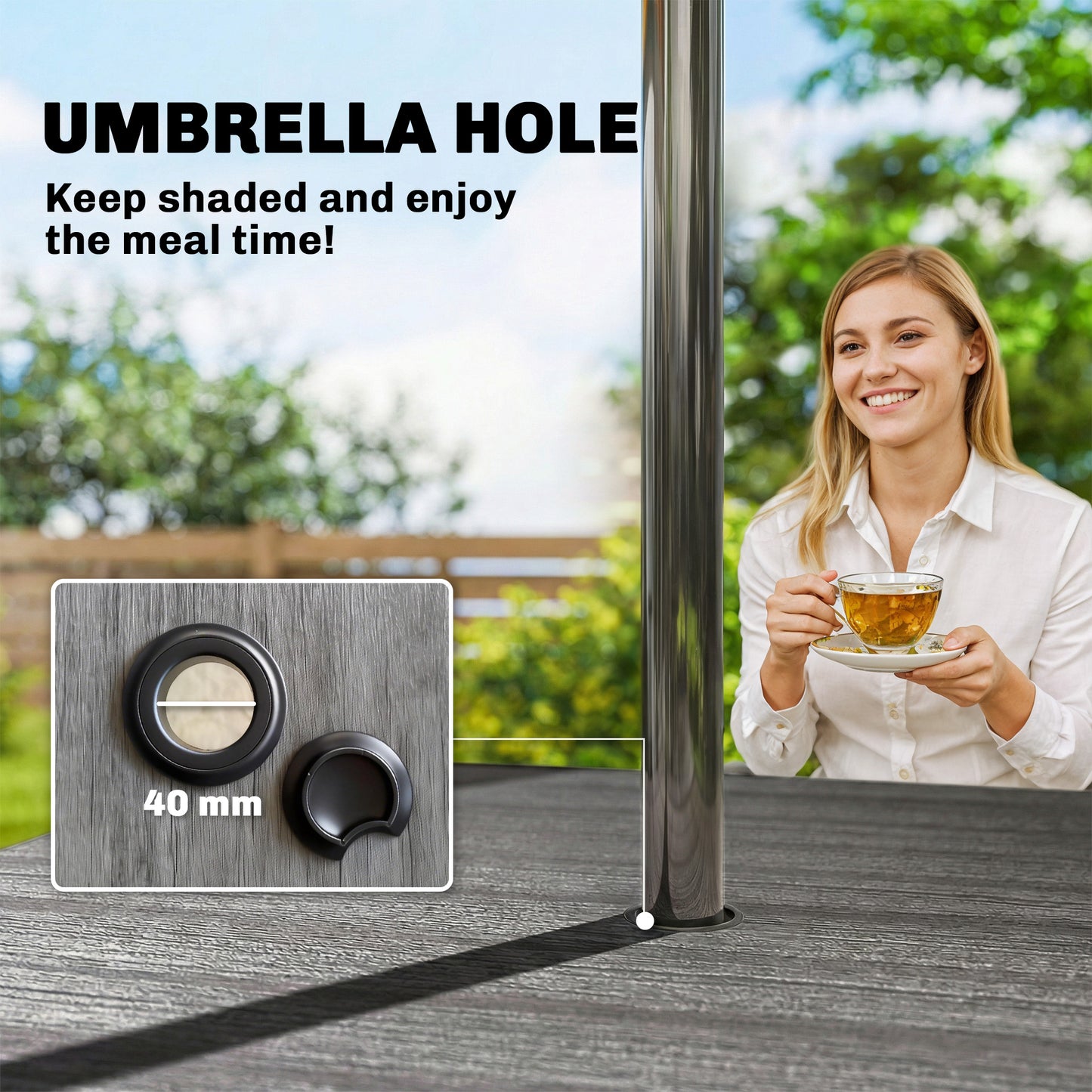 Outsunny 85 cm Square Garden Dining Table for 4 with Umbrella Hole Faux Wood Top Metal Legs Dark Grey