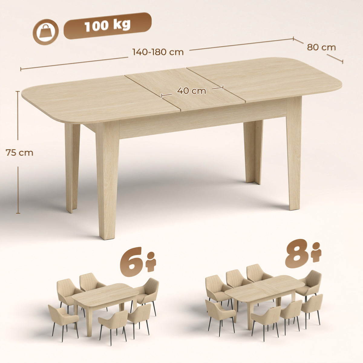 Extendable oval dining table in light oak with tapered legs and size range shown