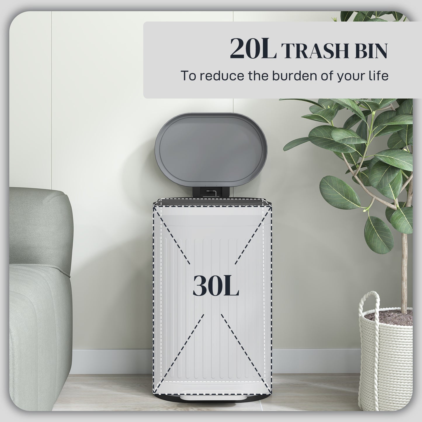 30L Grey Pedal Bin with Fingerprint-Proof Finish, Soft-Close Lid, and Removable Inner Bucket