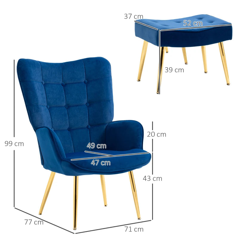 HOMCOM Modern Velvet Wingback Armchair with Footstool - Dark Blue