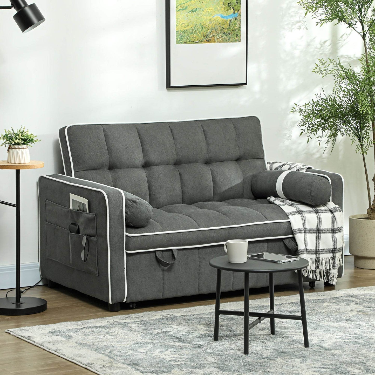 HOMCOM Charcoal Grey Linen-Look Convertible Sofa Bed with Adjustable Backrest - ALL4U RETAILER LTD