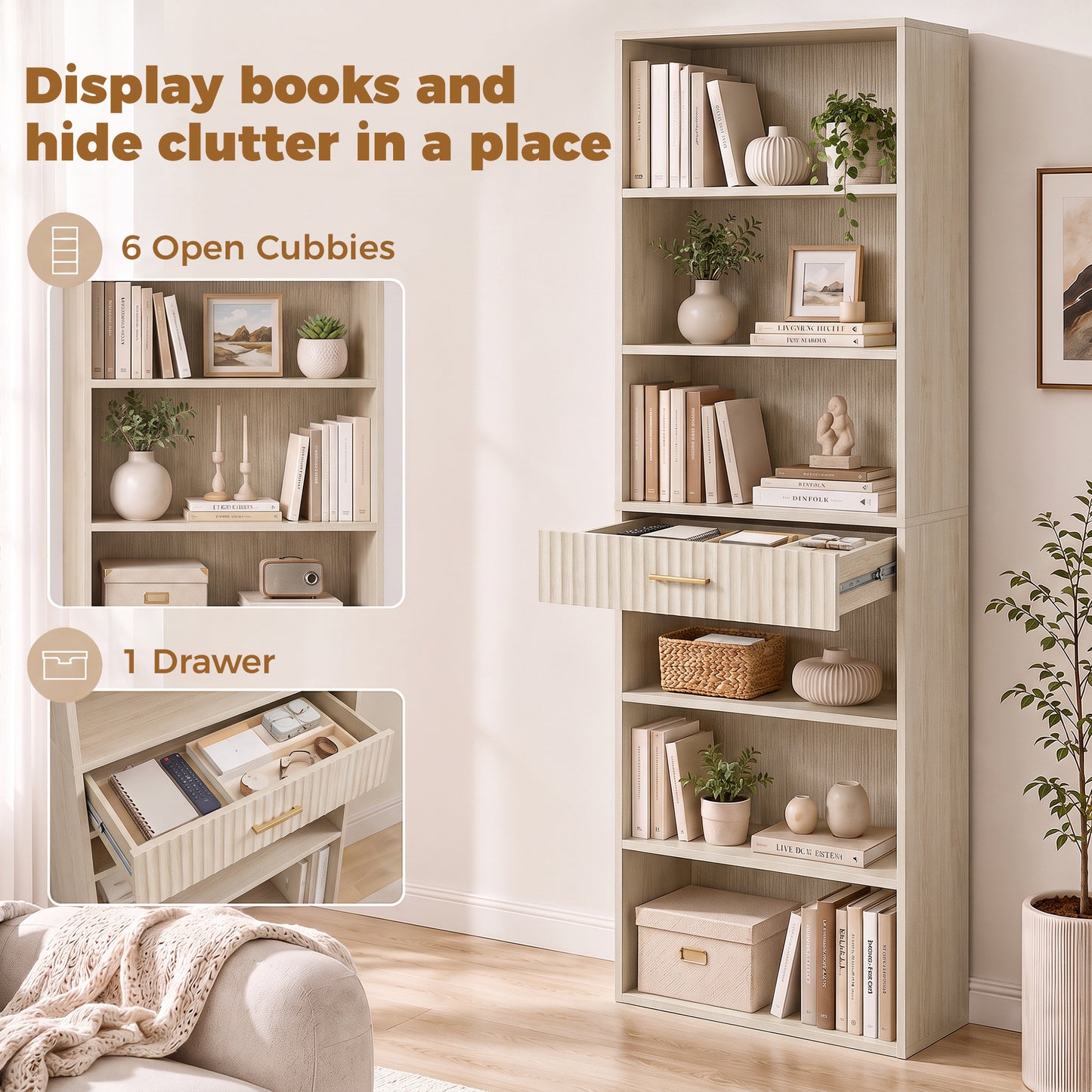 Homcom Tall Bookcase 7 Tier Narrow Bookshelf Drawer Open Shelves Oak Effect