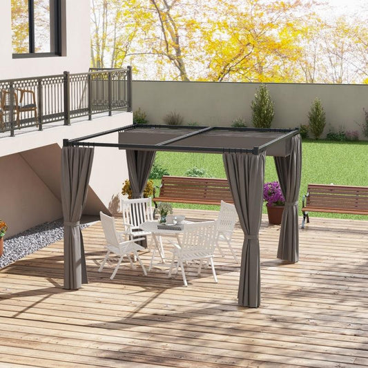 Outsunny 3 x 3(m) Retractable Pergola - Garden Gazebo Shelter with Curtains for Grill, Patio, Deck - Light Grey - ALL4U RETAILER LTD