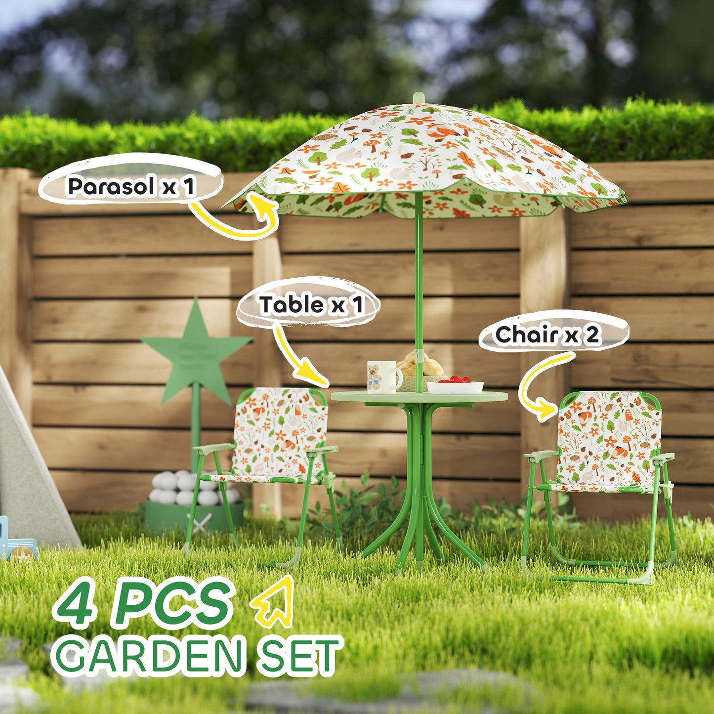 AIYAPLAY 4 Piece Kids Garden Table And Chair Set With Adjustable Parasol Folding Chairs And Table Nature Pattern Green