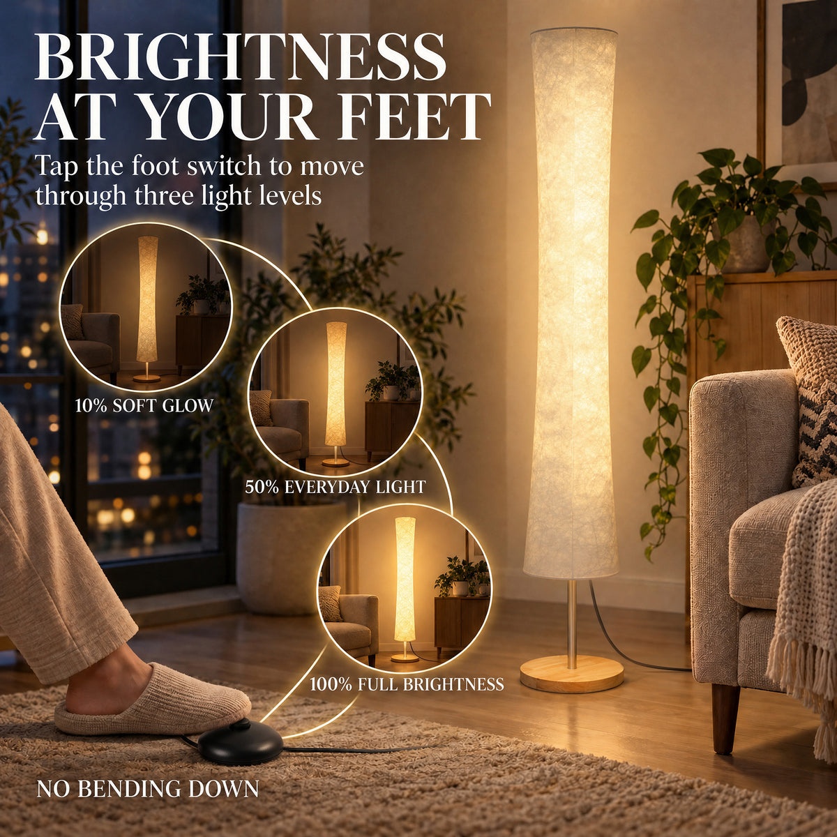 Dimmable floor lamp with glowing paper shade and pine base near a sofa