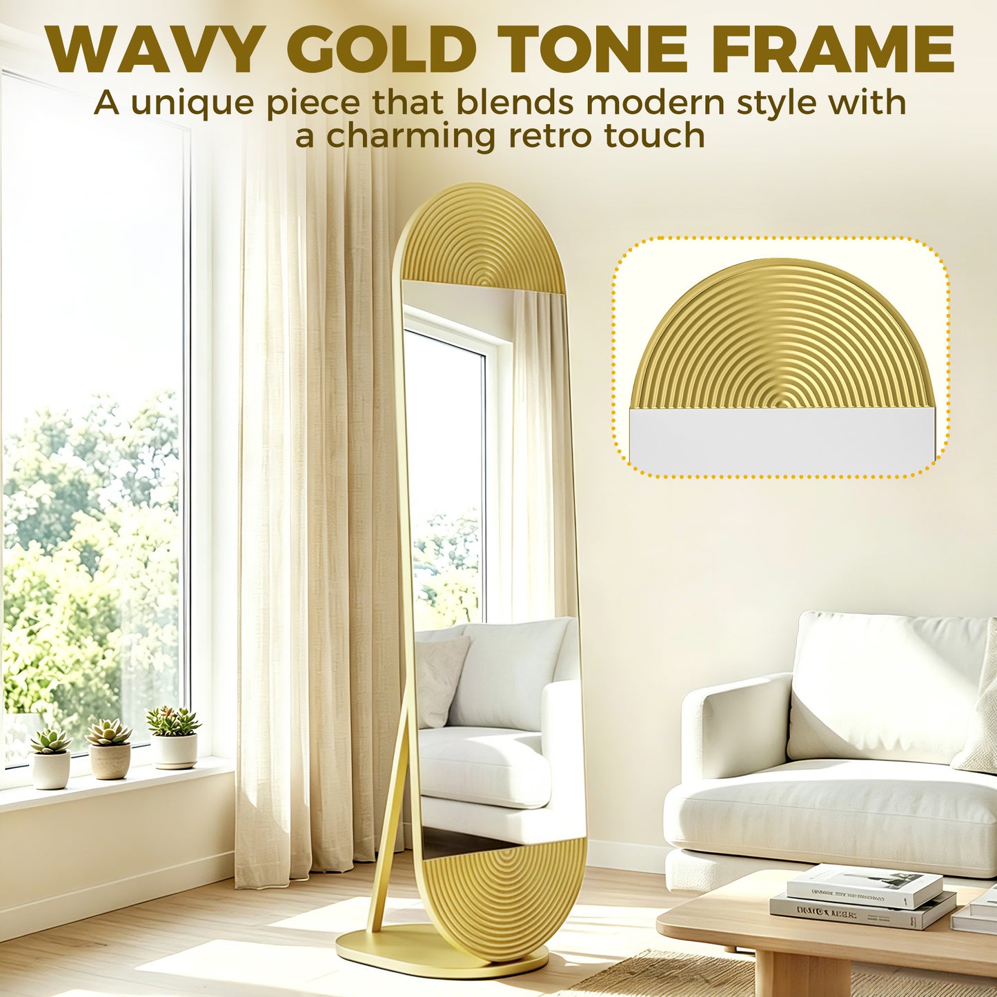 HOMCOM 161 Cm Wavy Full Length Mirror Free Standing Gold Tone Metal Frame With Solid Base