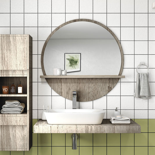 HOMCOM Versatile 45cm Round Mirror with Shelf in Grey Wood Finish - ALL4U RETAILER LTD