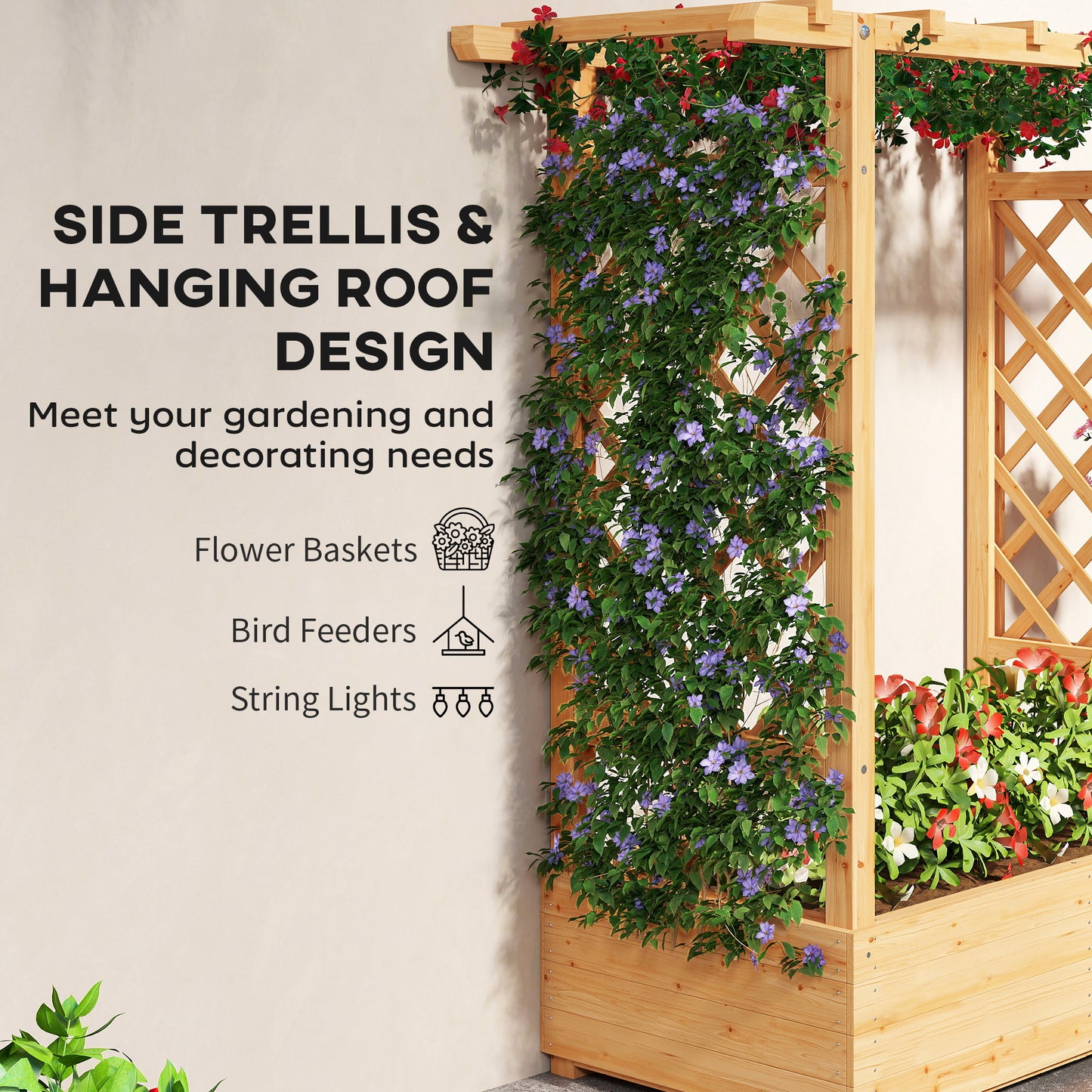 Outsunny Wooden Garden Planter With Trellis Raised Bed Box For Vegetables Herbs And Flowers 110 x 44 x 113 cm Natural