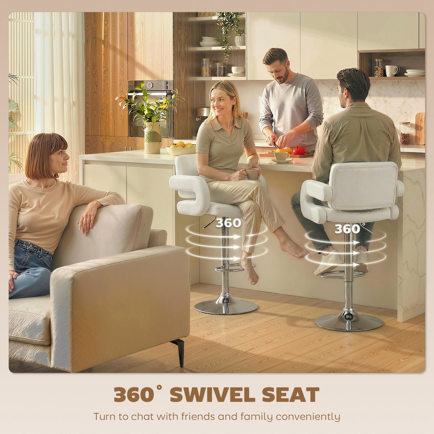 HOMCOM Adjustable Bar Stools Set Of 2 Swivel Kitchen Chairs With Backrest And Armrests PU Leather White
