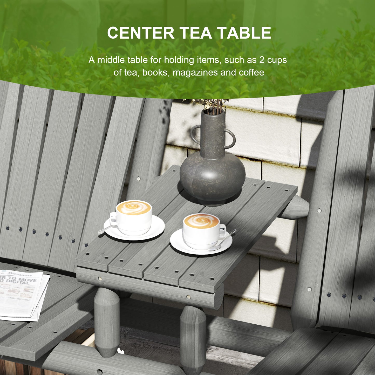 Outsunny Wood Patio Bench For Two With Center Coffee Table Grey Garden Outdoor Seating