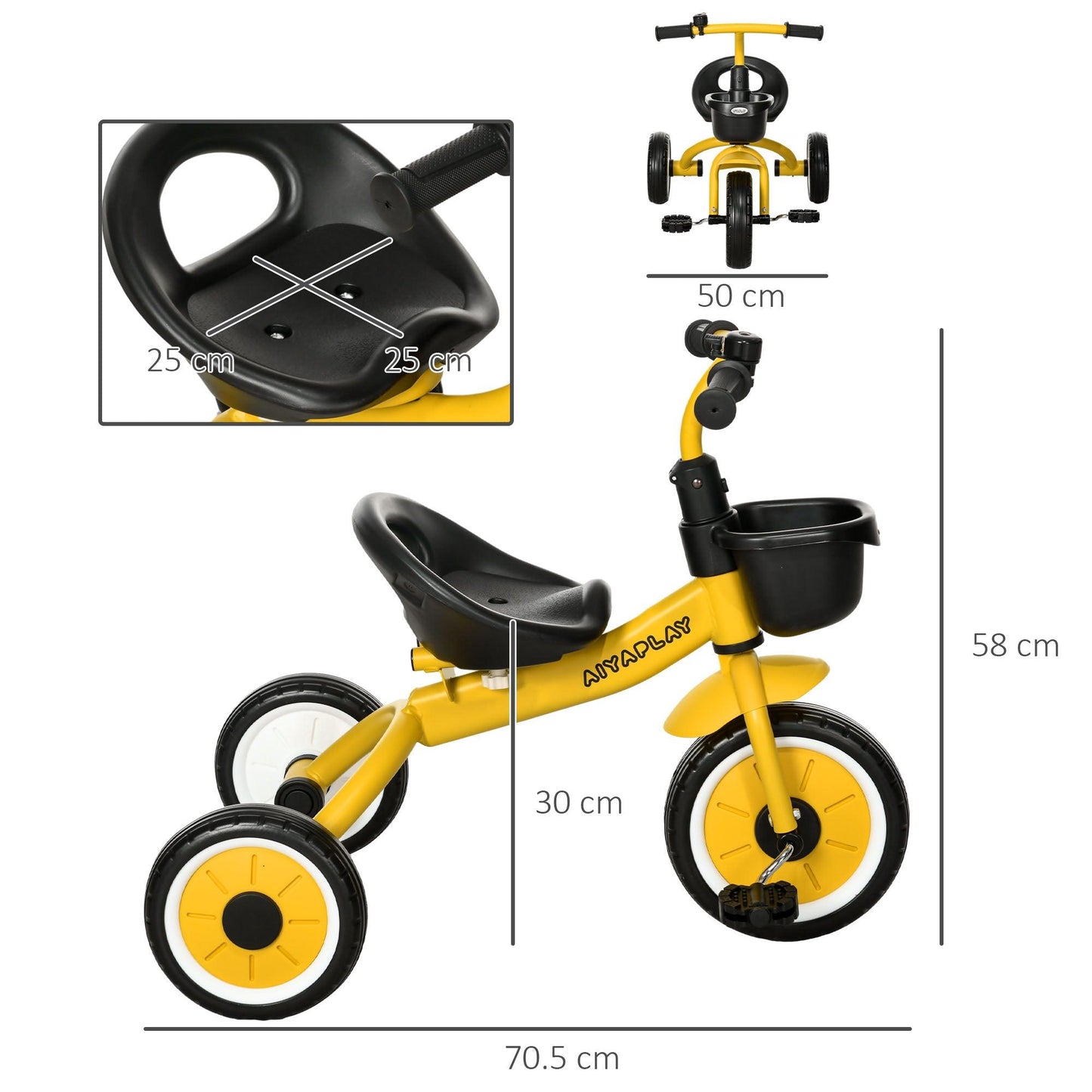 AIYAPLAY Yellow Kids Trike Tricycle, Adjustable Seat, Basket, Bell - Ages 2-5 - ALL4U RETAILER LTD