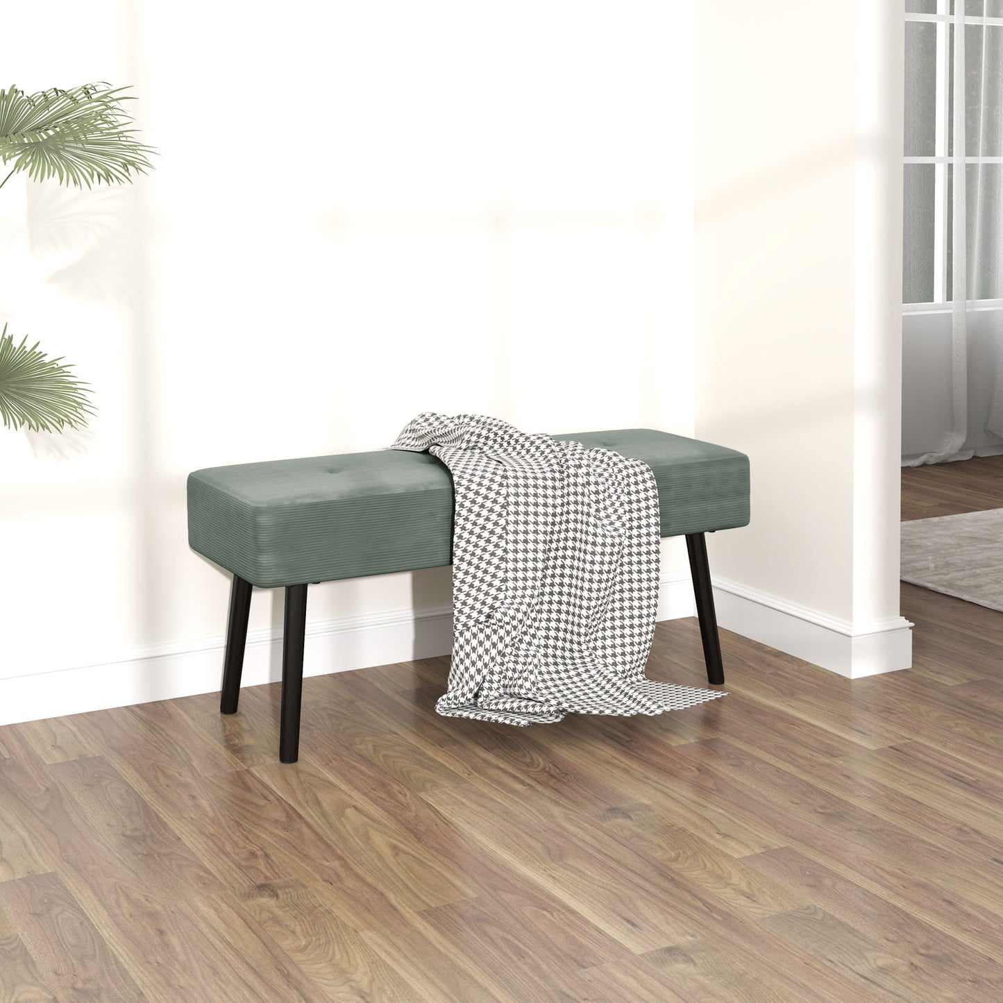 HOMCOM End Of Bed Bench Corduroy Upholstered Bedroom Bench With Thick Padding And Steel Legs Tufted Window Seat Green