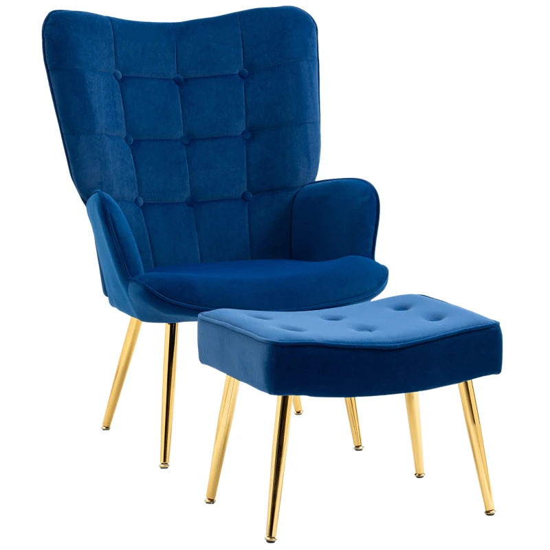 HOMCOM Modern Velvet Wingback Armchair with Footstool - Dark Blue