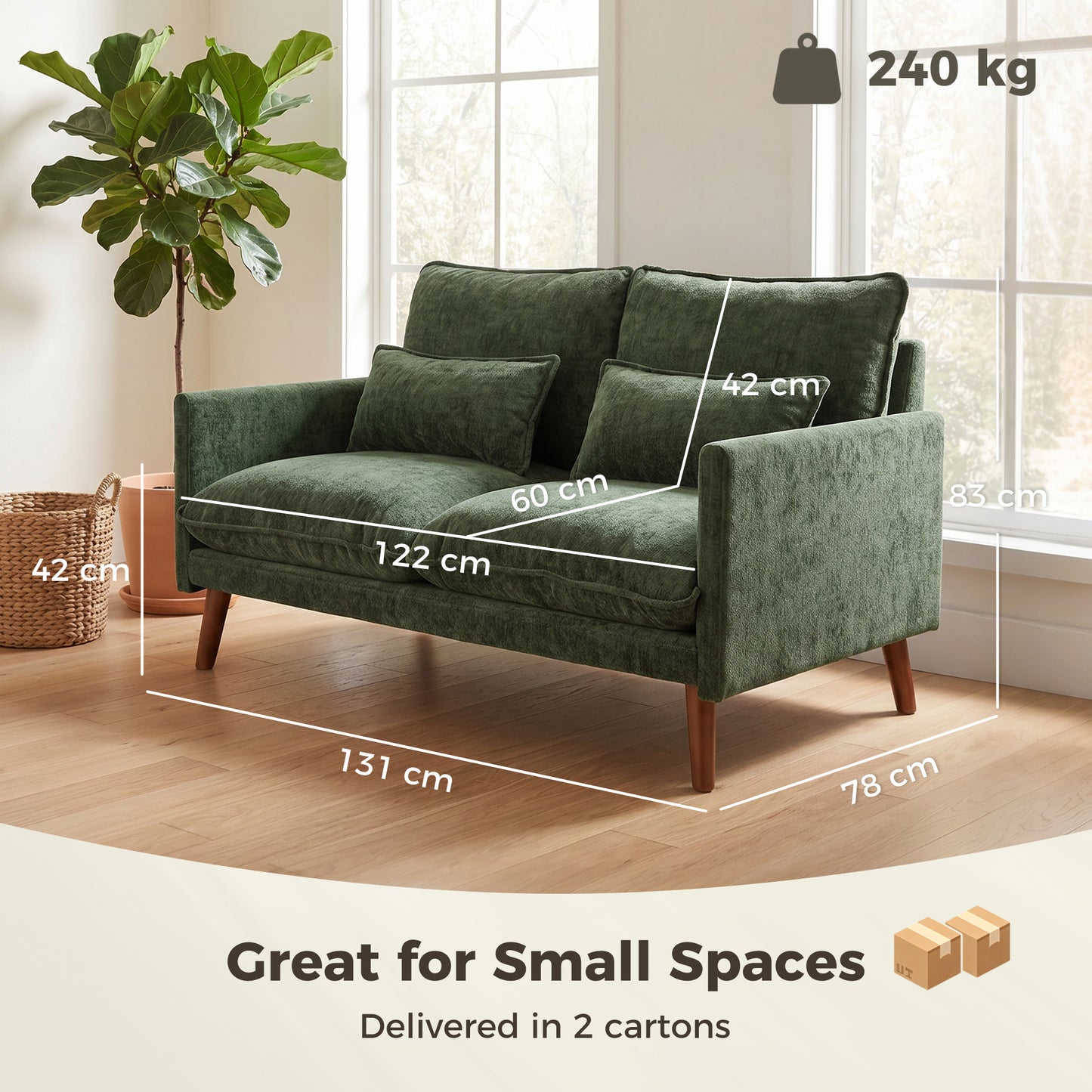 HOMCOM 2 Seater Sofa Loveseat in Green With Pocket Springs High Density Foam Plush Comfort Wood Legs