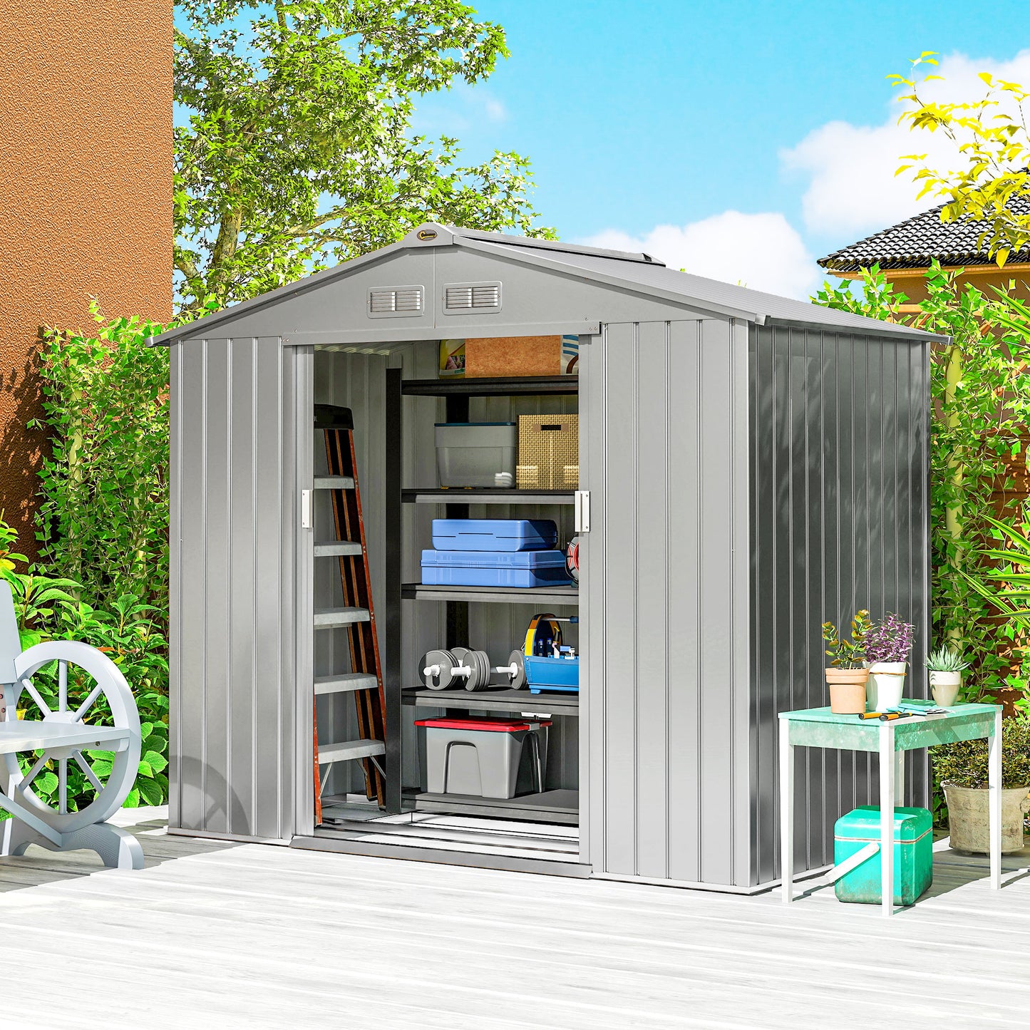 Outsunny 7 By 4ft Lockable Metal Garden Tool Storage Shed Galvanised Steel With Double Sliding Doors Light Grey