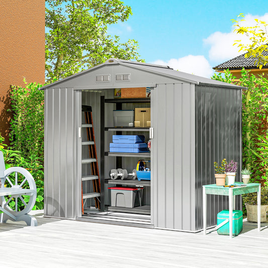 Outsunny 7 By 4ft Lockable Metal Garden Tool Storage Shed Galvanised Steel With Double Sliding Doors Light Grey