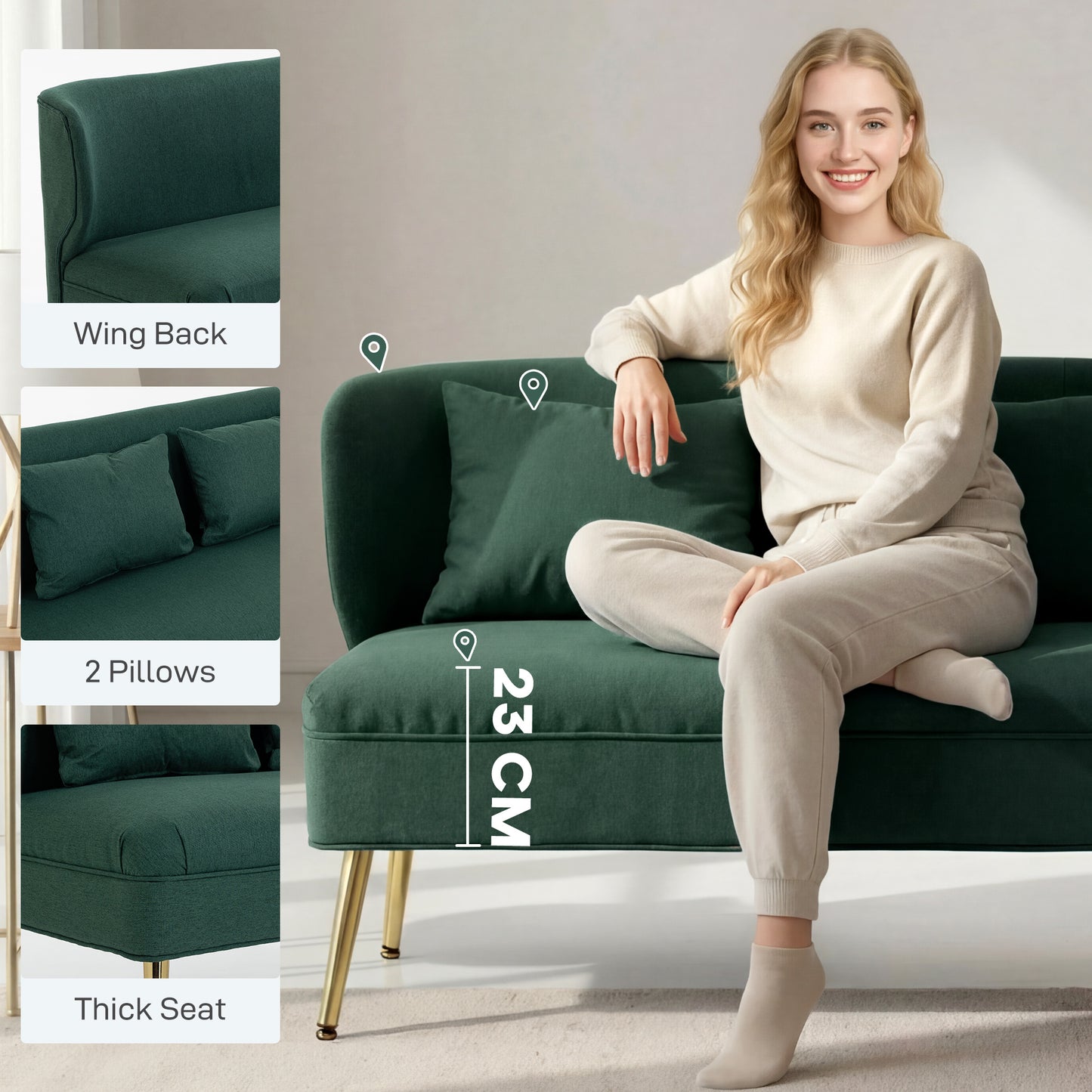 HOMCOM 2 Seater Sofa With Wing Back In Linen Look Fabric Thick Padded Seat Metal Legs Dark Green