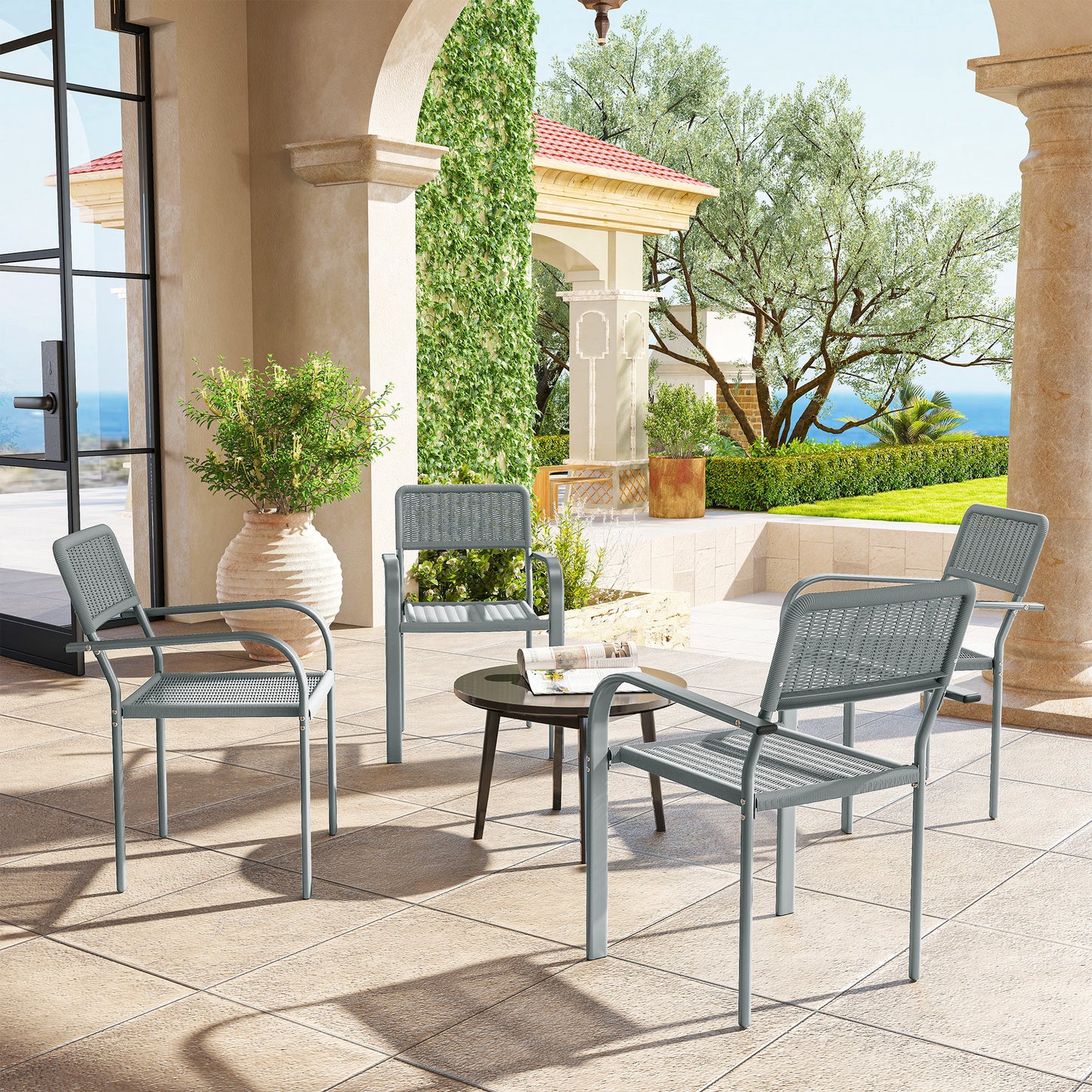 Outsunny Stackable Garden Chairs Set of 4 Rattan Effect Outdoor Dining Chairs Light Grey