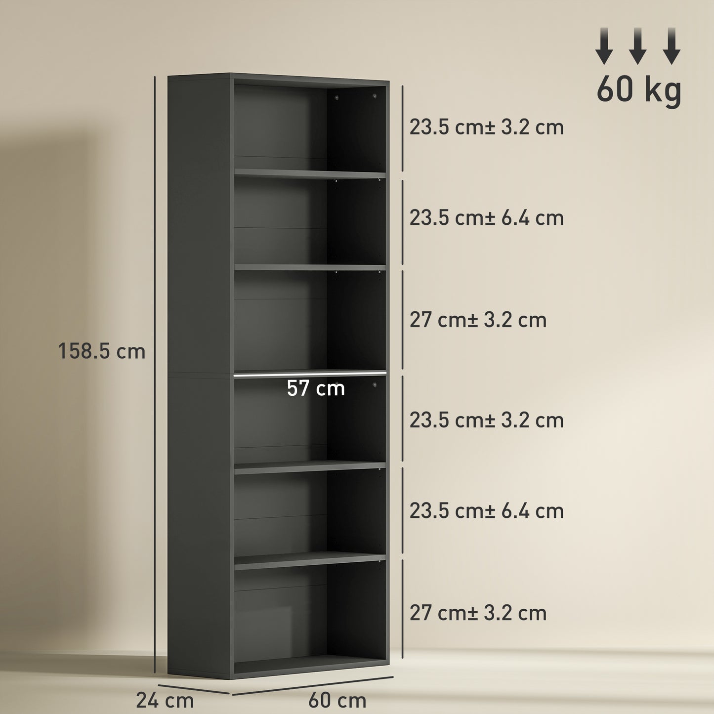 HOMCOM Six Shelf Bookcase Black With Four Adjustable Shelves And Six Open Compartments