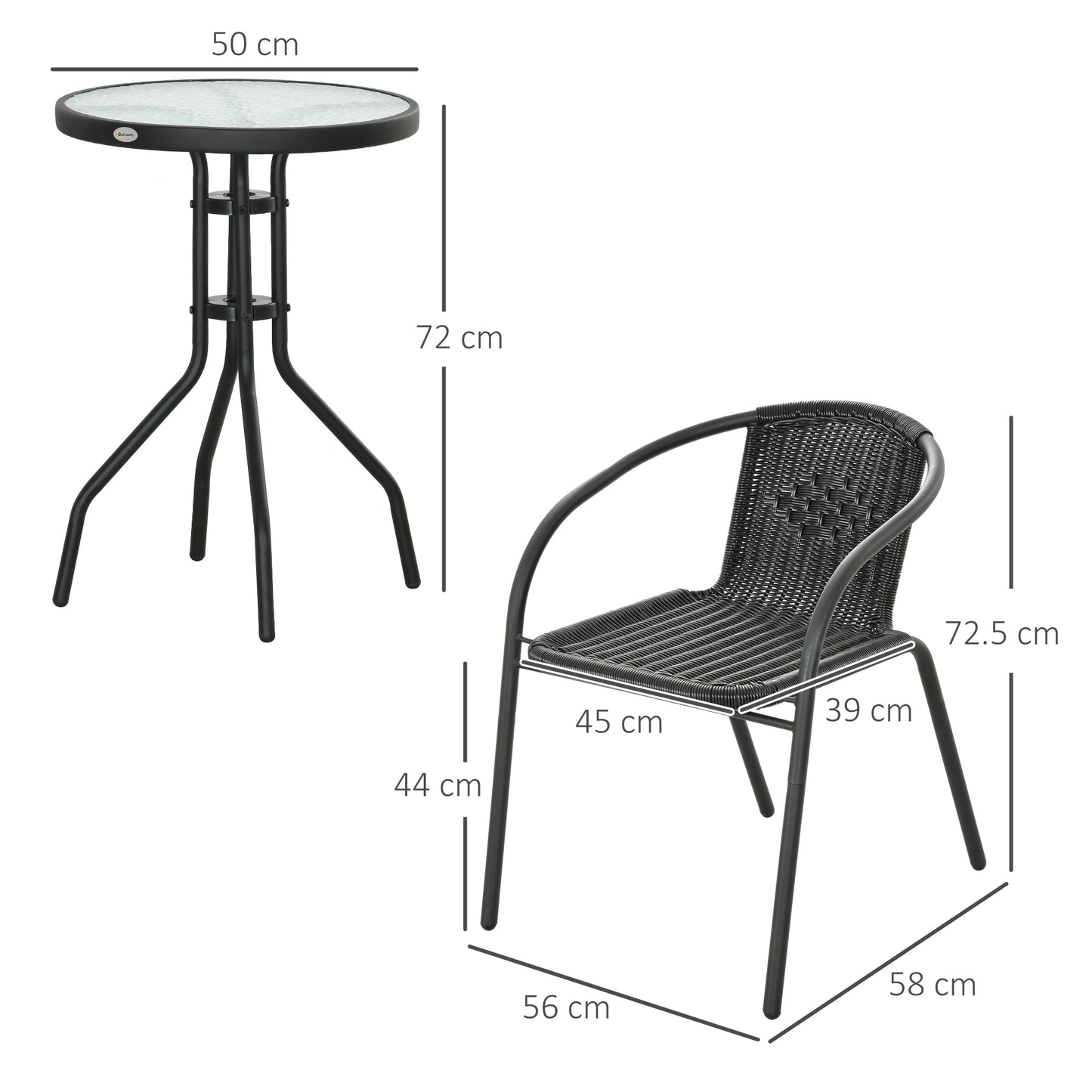 Outsunny 3 Piece Rattan Bistro Set Black With Two Chairs And Tempered Glass Table For Garden Outdoor Patio
