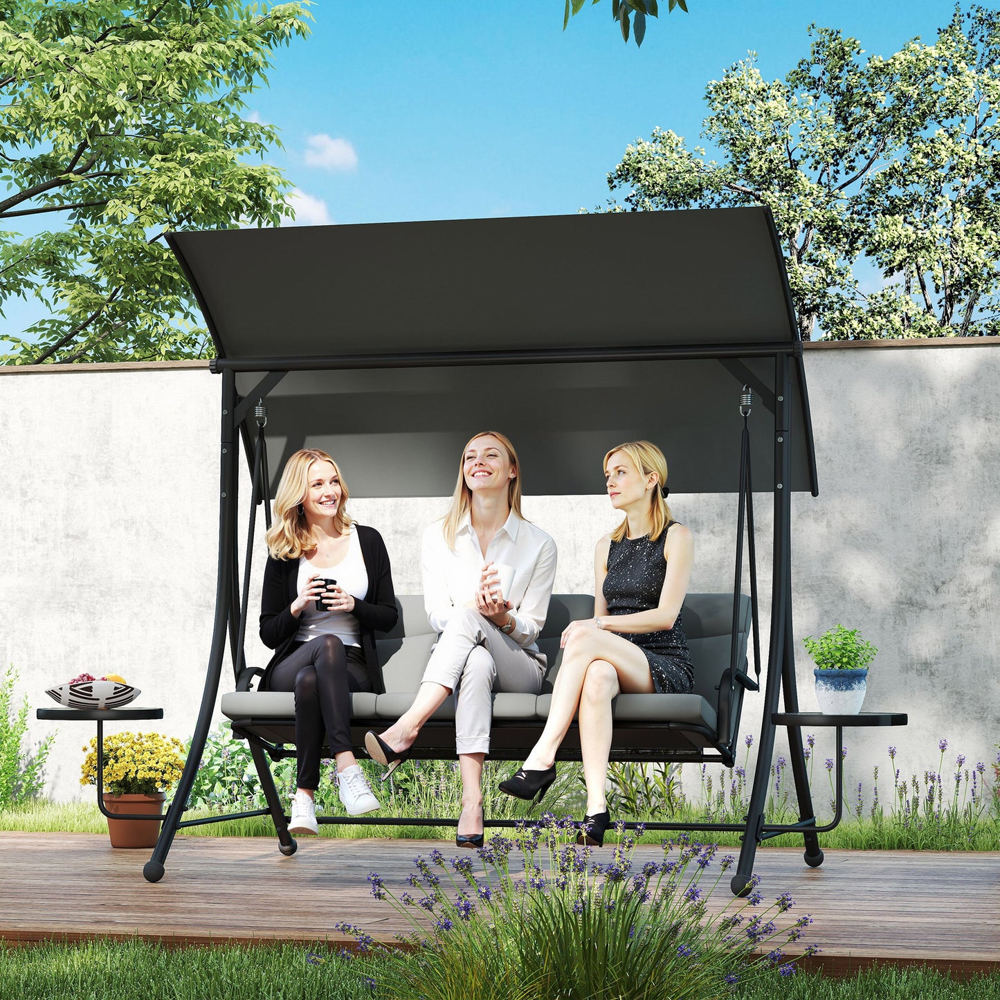 Outsunny Three Seater Garden Swing with Adjustable Canopy Black Grey Cushioned Seat and Back