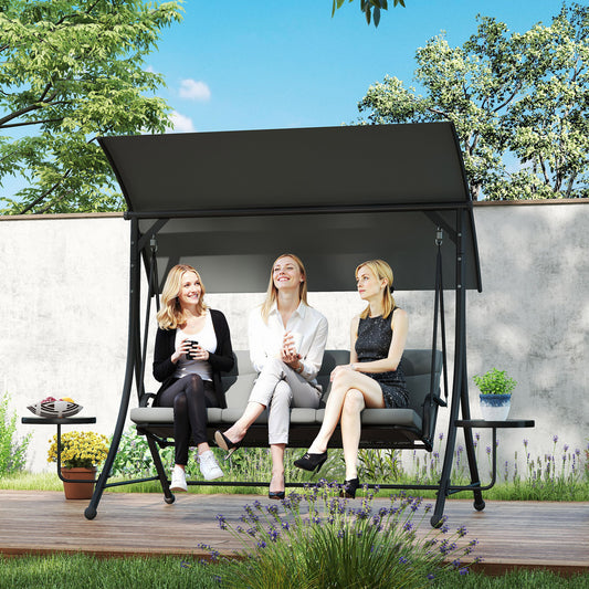 Outsunny Three Seater Garden Swing with Adjustable Canopy Black Grey Cushioned Seat and Back