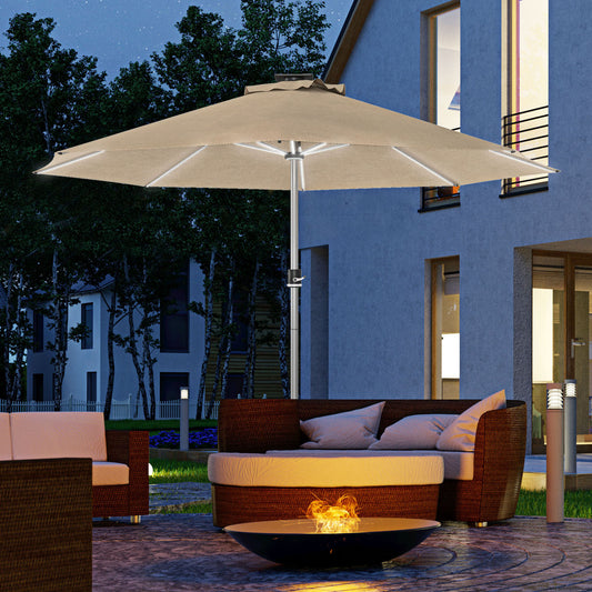 Outsunny Khaki LED Solar Patio Umbrella with 4 Light Modes, Waterproof Design, USB Charging - ALL4U RETAILER LTD