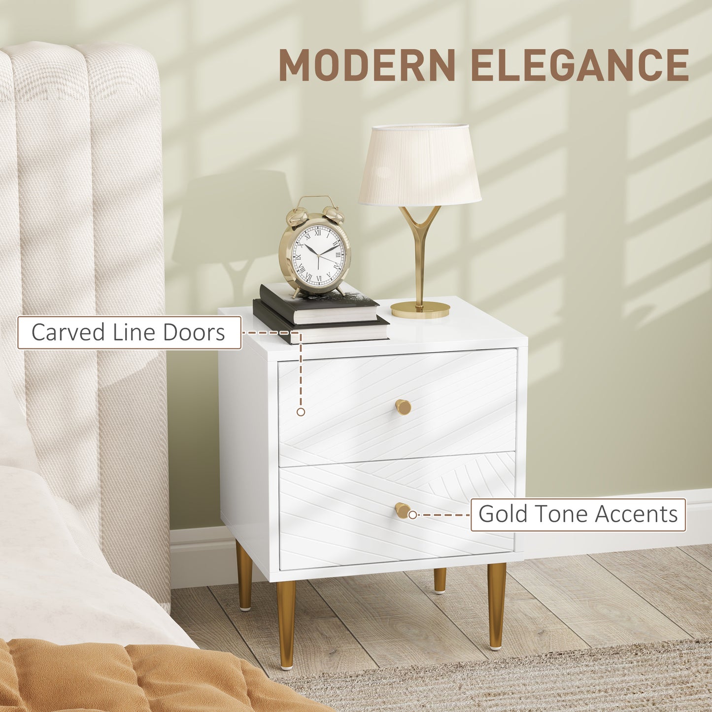 HOMCOM Elegant White And Gold Tone Two Drawer Bedside Table With Metal Legs And Spacious Storage