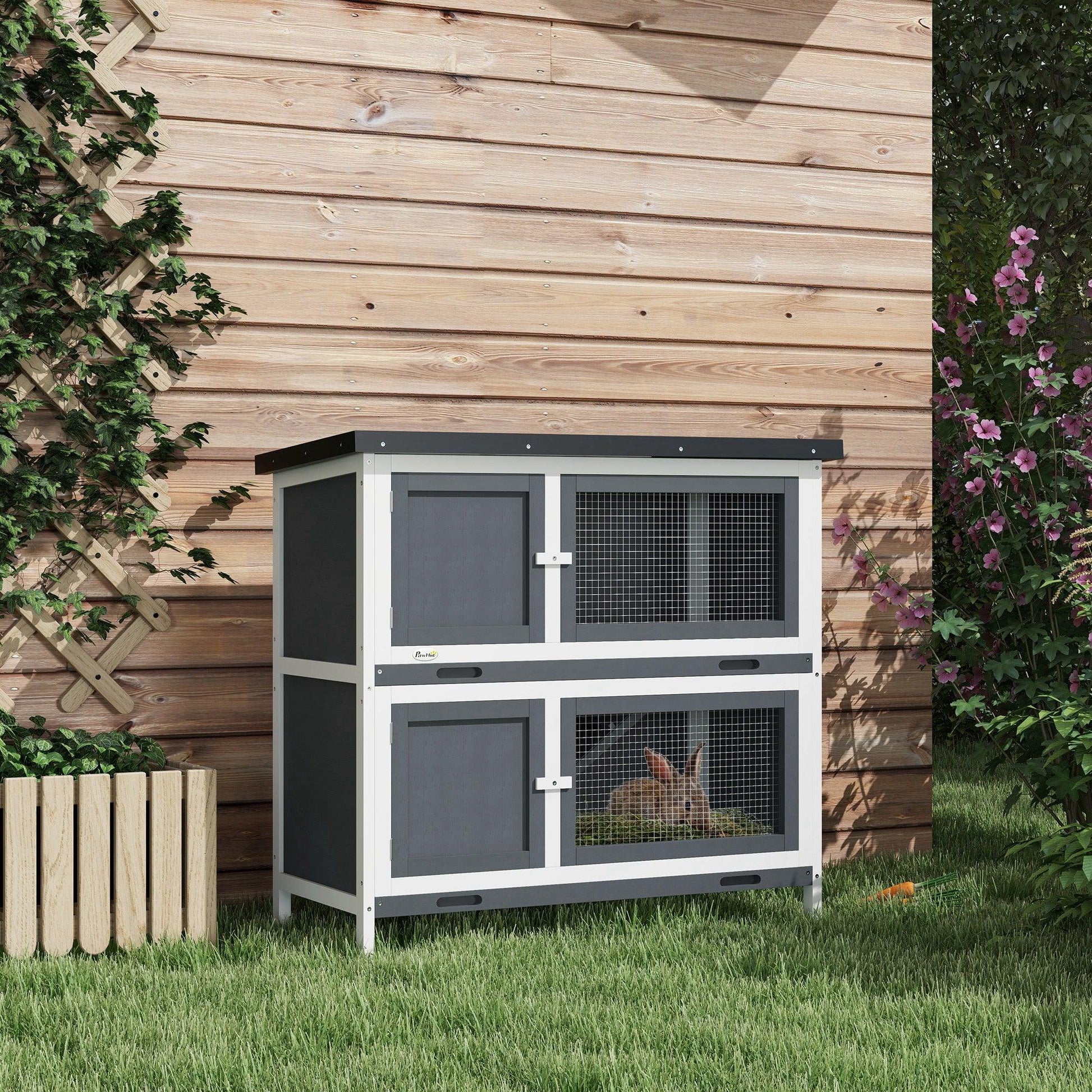 PawHut 2 Tier Rabbit Hutch Guinea Pig Pet Cage Outdoor 100x47x91cm Grey - ALL4U RETAILER LTD