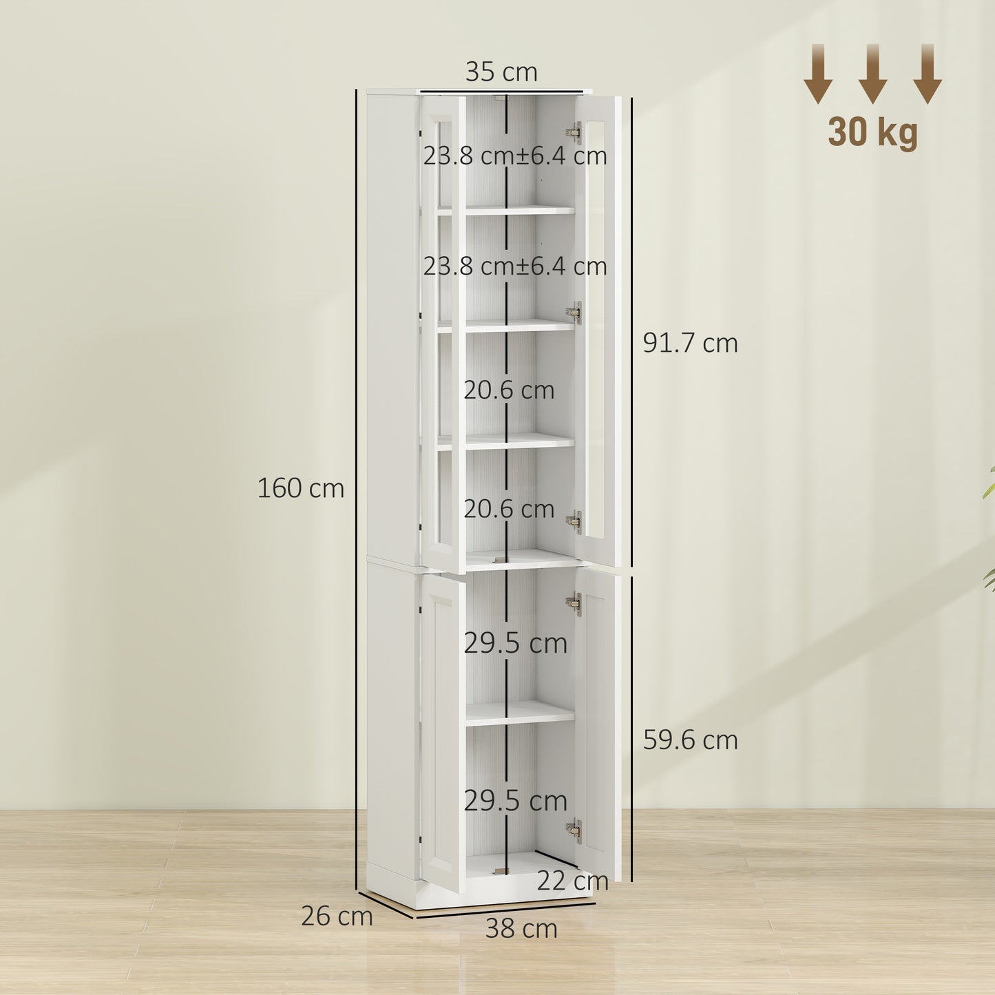 HOMCOM Tall Bathroom Storage Cabinet Six Tier Slim Design With Adjustable Shelf Four Soft Close Doors White