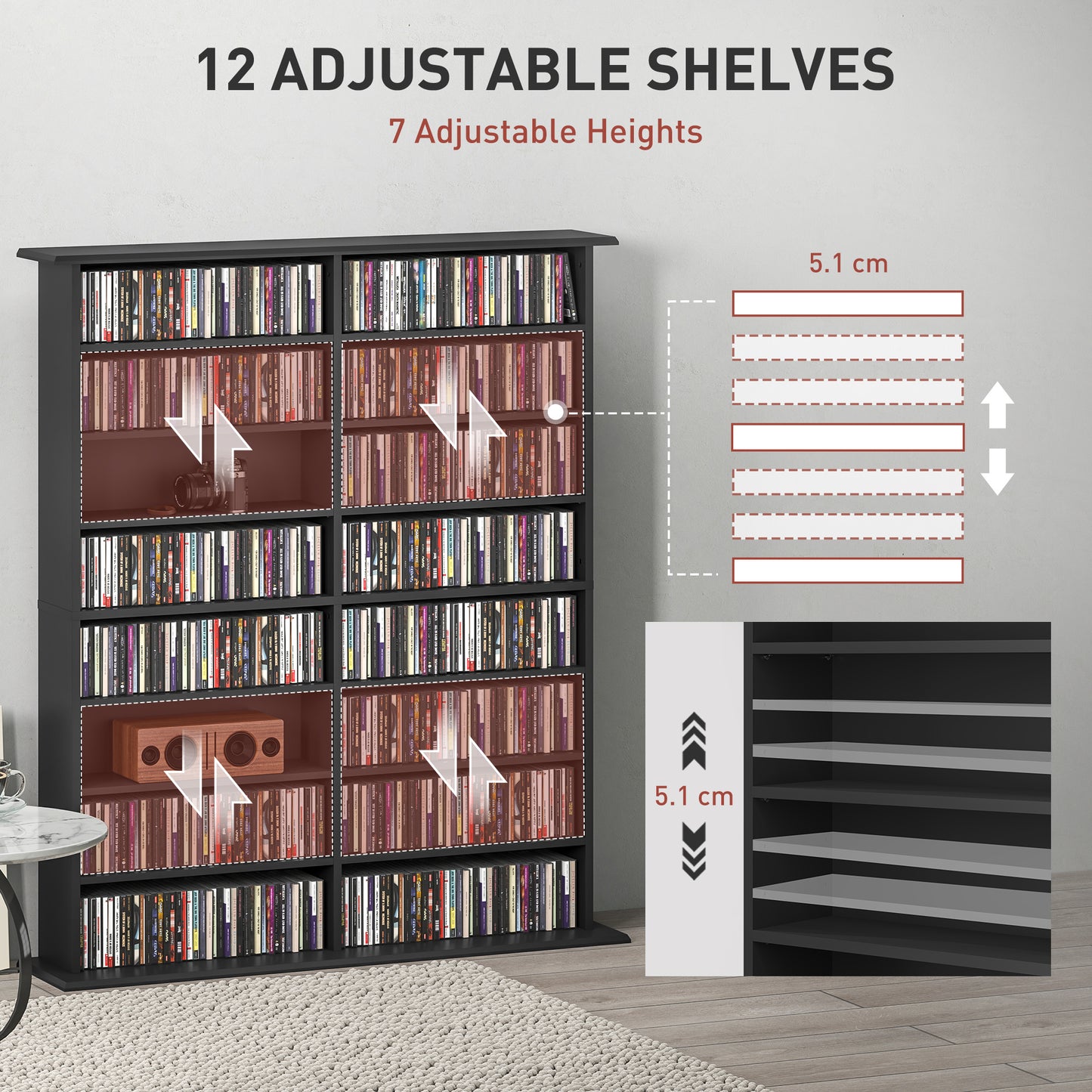 HOMCOM 16 Compartment Media Shelf Black With 12 Adjustable Shelves For CDs DVDs Blu Rays