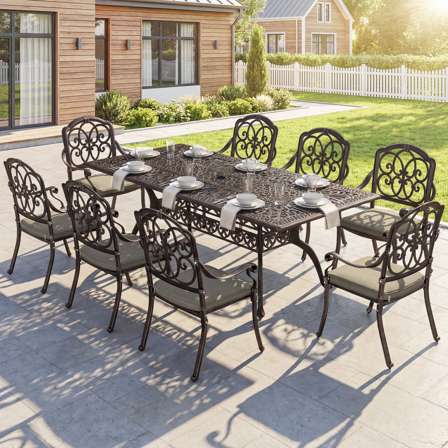 Outsunny 9 Piece Cast Aluminium Garden Table And Chairs Dining Set With Cushions Parasol Hole Bronze Tone
