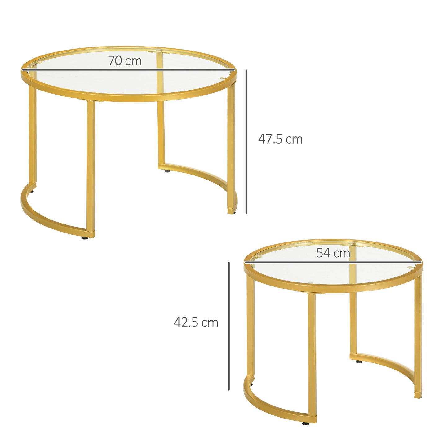 HOMCOM Nest of Tables Coffee Table Set of 2 With Tempered Glass Tops and Gold Tone Steel Frame for Living Room