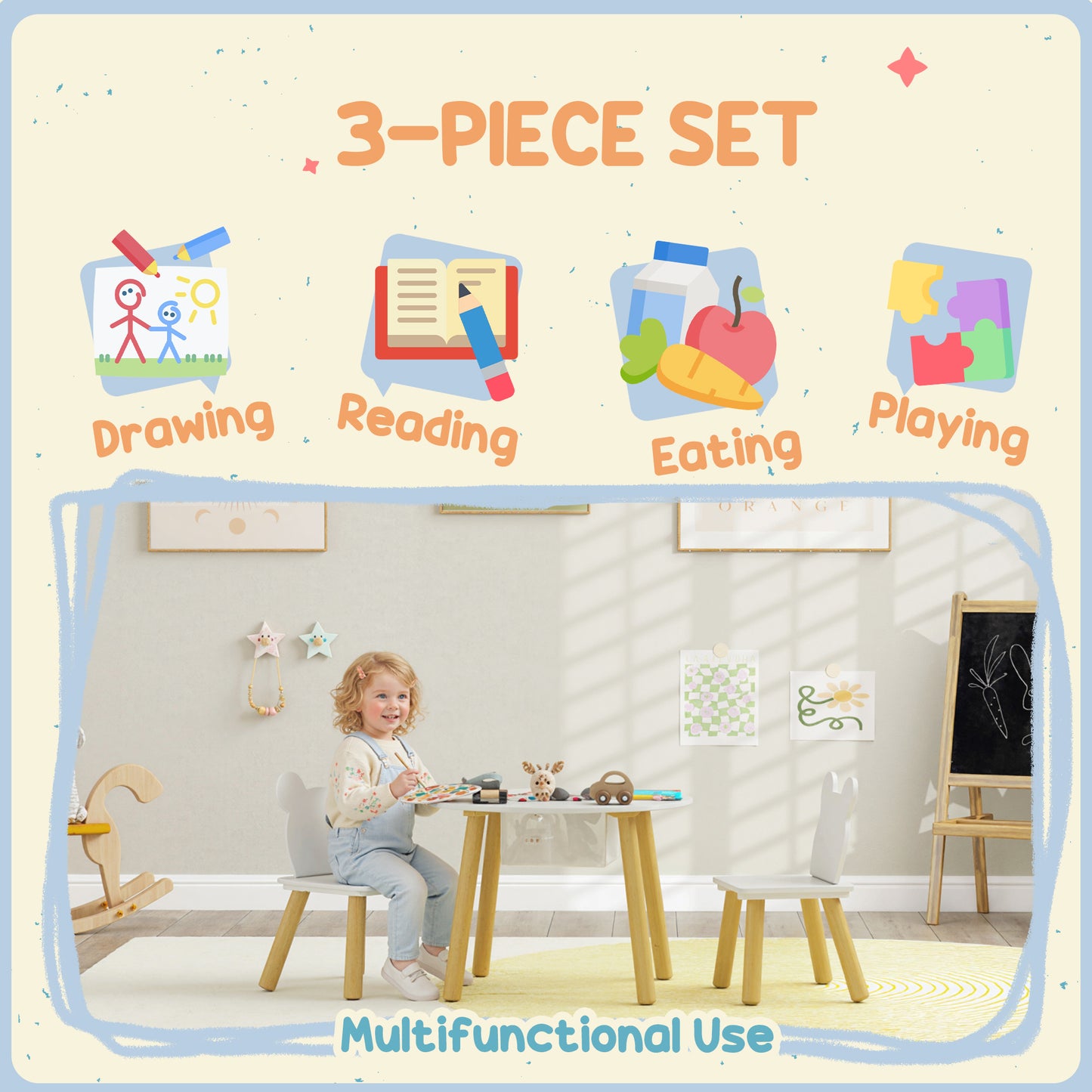 AIYAPLAY 3 Piece Kids Table And Chair Set With Mesh Bag Bear Shaped Backrest For Arts And Crafts And Reading White