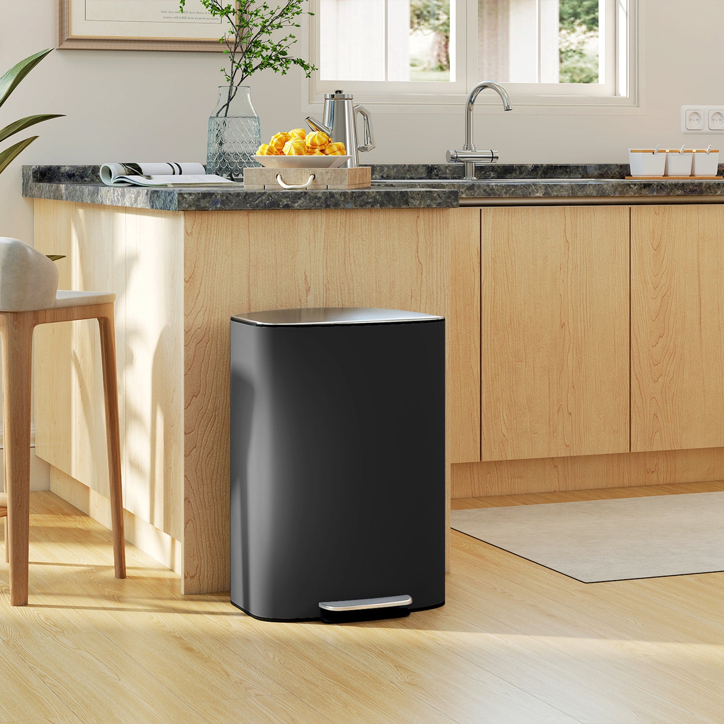 HOMCOM 50L Stainless Steel Kitchen Bin With Soft Close Lid Stay Open Pedal Bin Removable Inner Bucket Carry Handle Black