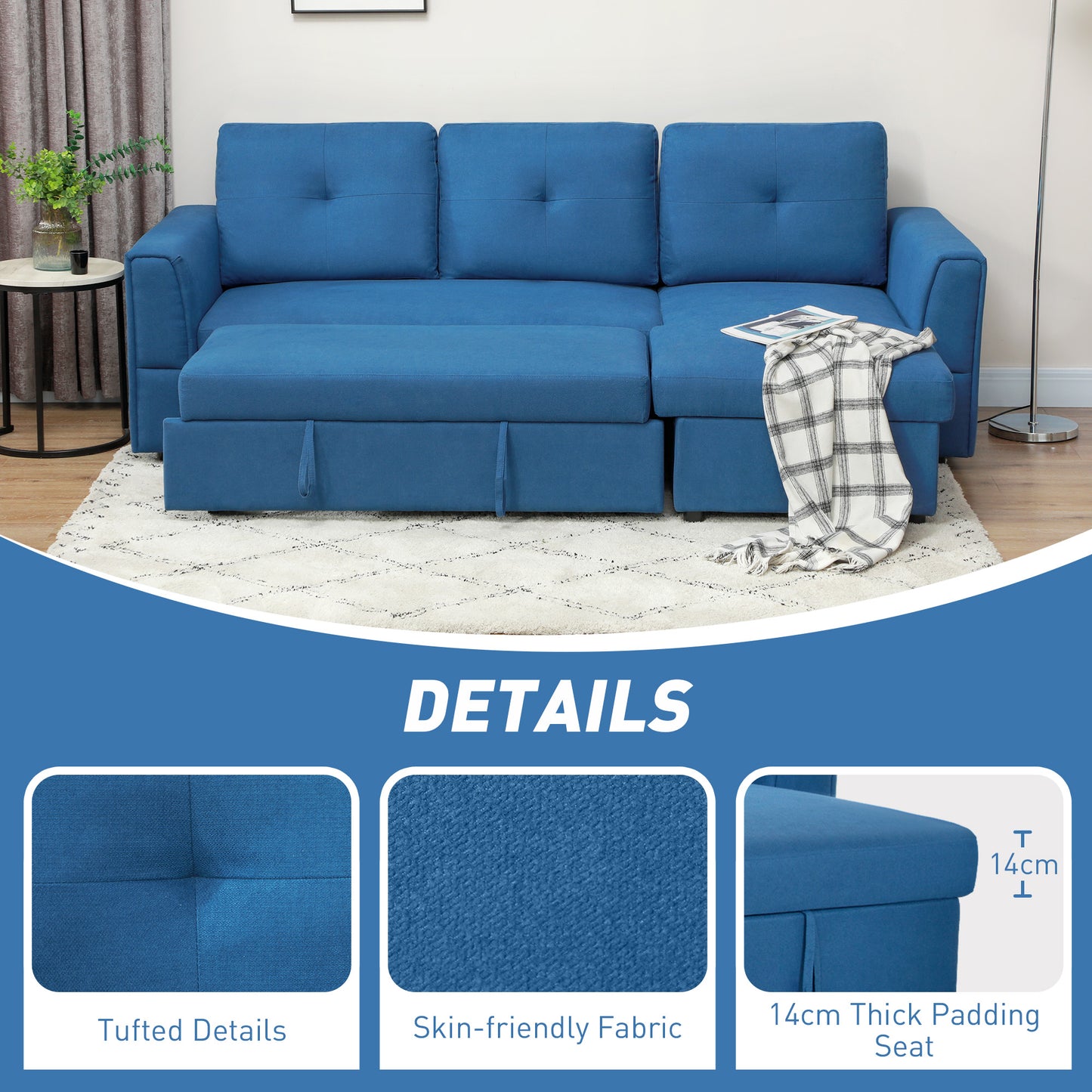 HOMCOM Dark Blue L-Shaped Sofa Bed with Storage - Convertible 3-Seater Click Clack Futon for Living Room & Office