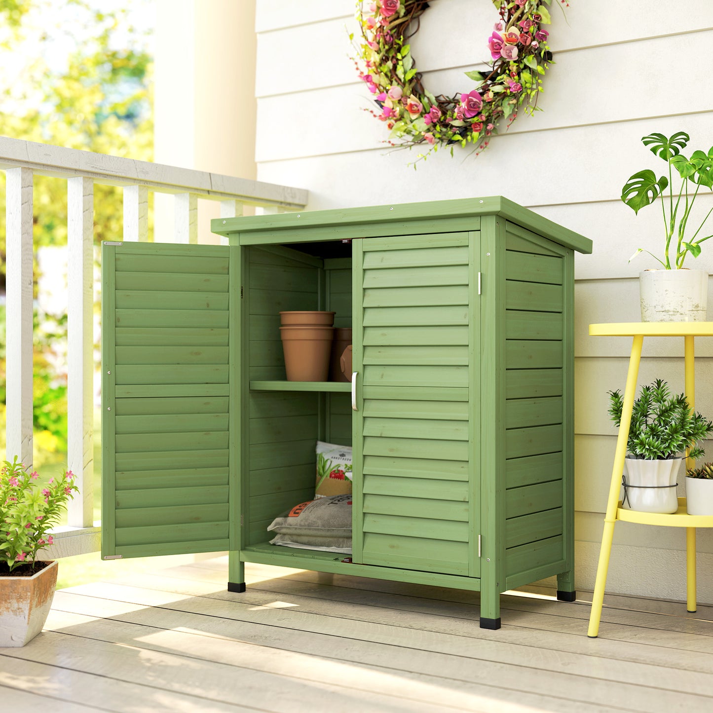 Outsunny Garden Storage Cabinet Solid Fir Wood With Protective Top Coat 2 Door Green 87L x 46.5W x 96.5H cm