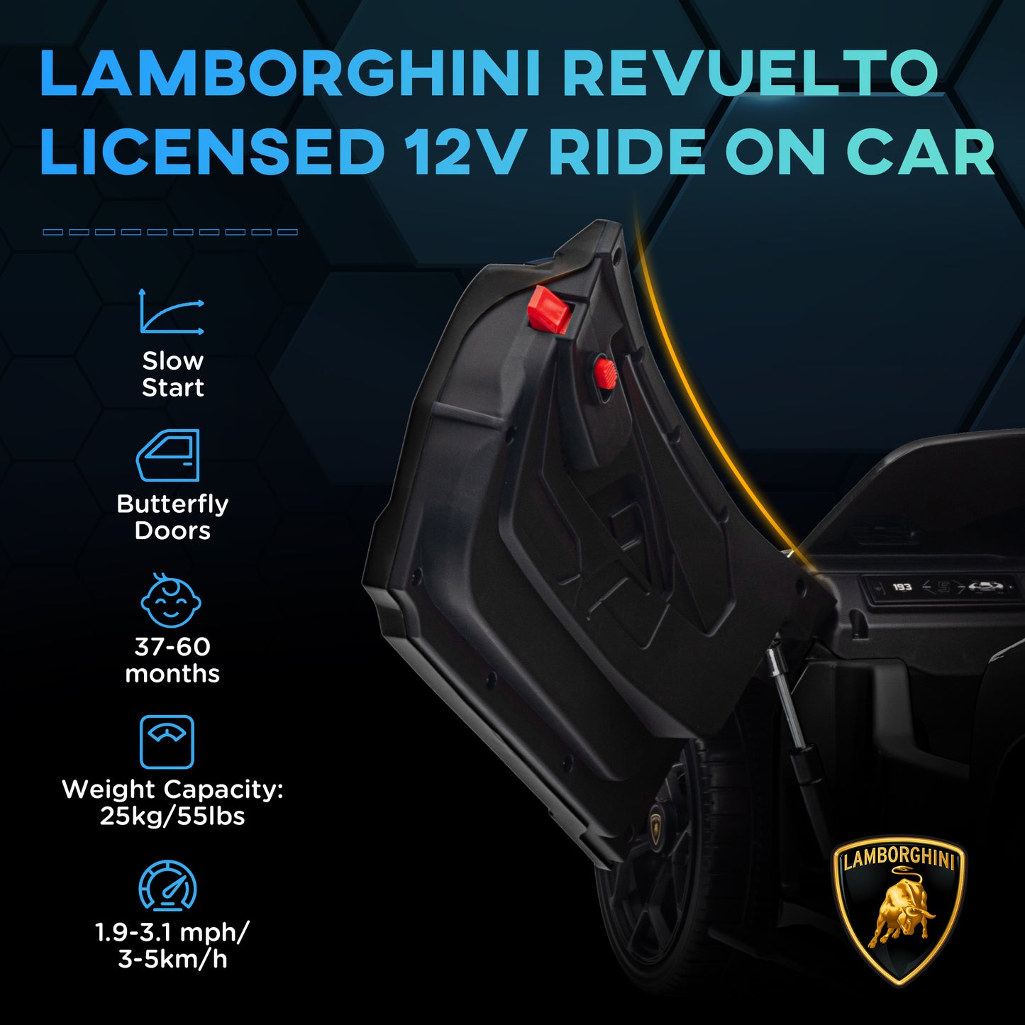 AIYAPLAY Licensed Lamborghini Revuelto 12V Kids Ride-On Car with Butterfly Doors, Remote Control & Suspension - Black