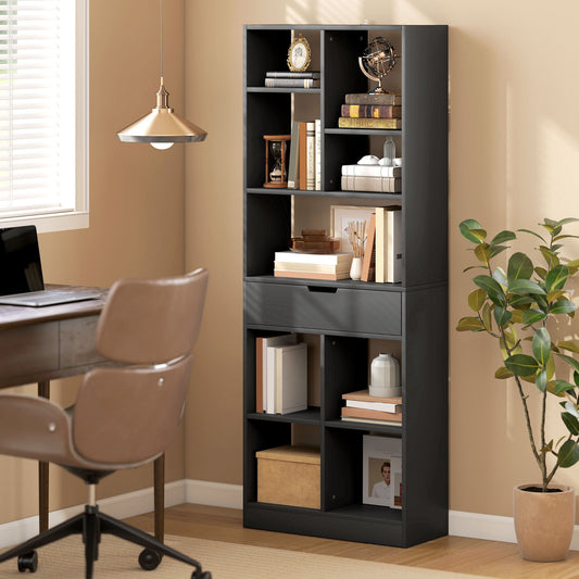 HOMCOM Tall Bookshelf With Drawer Freestanding Bookcase In Black For Bedroom Living Room And Home Office