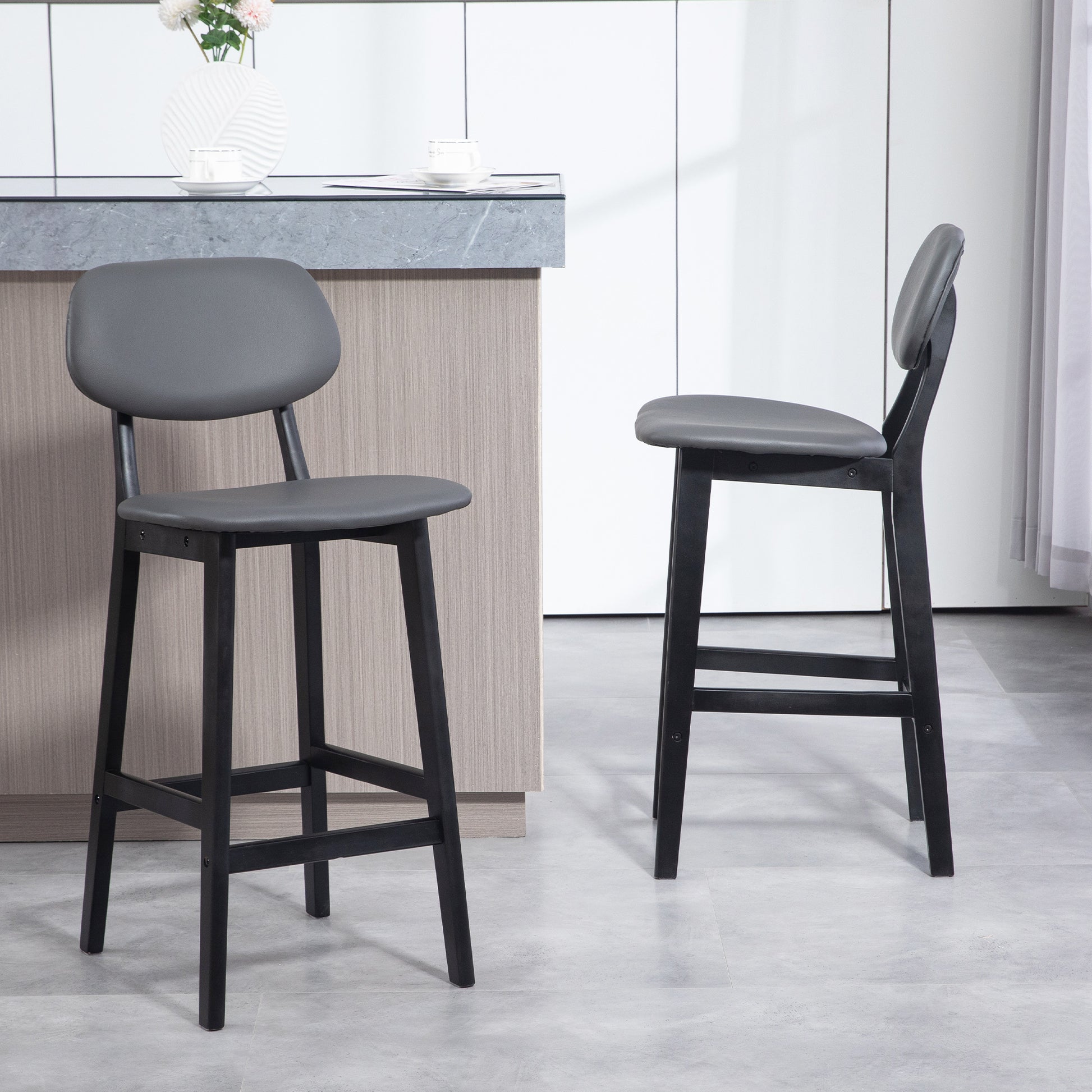 HOMCOM Set of 2 Modern Dark Grey Faux Leather Bar Stools with Backrest and Wooden Legs - ALL4U RETAILER LTD